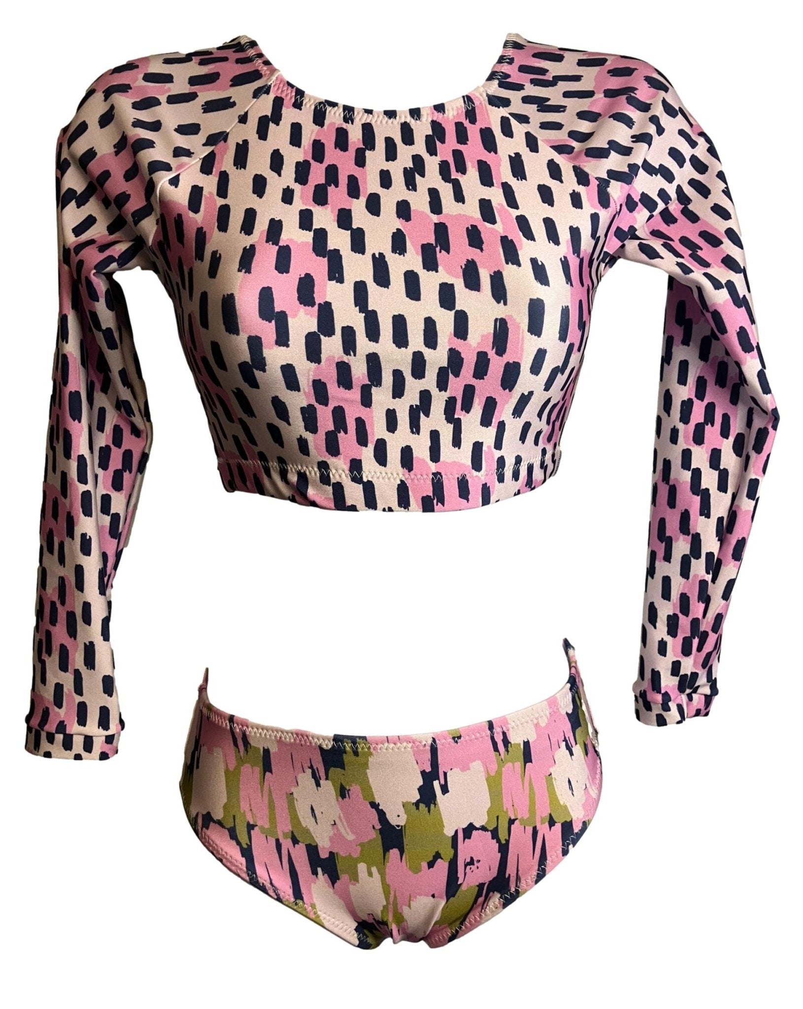 Foxy's Painter's Poetry Surfkini set with long sleeve crop top and bikini bottom in abstract print.