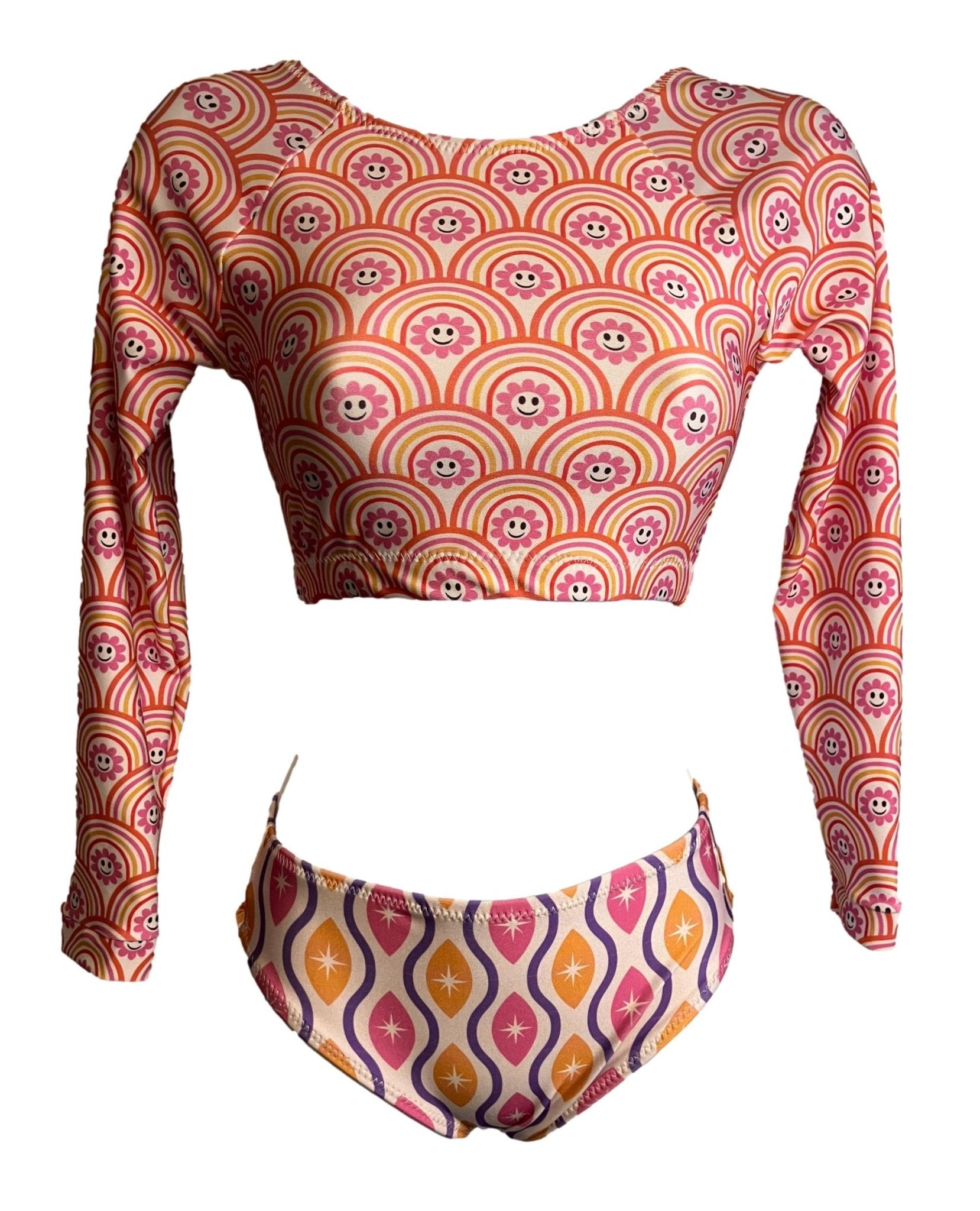 Rainbow and floral print surfkini with long sleeves and matching bottoms.