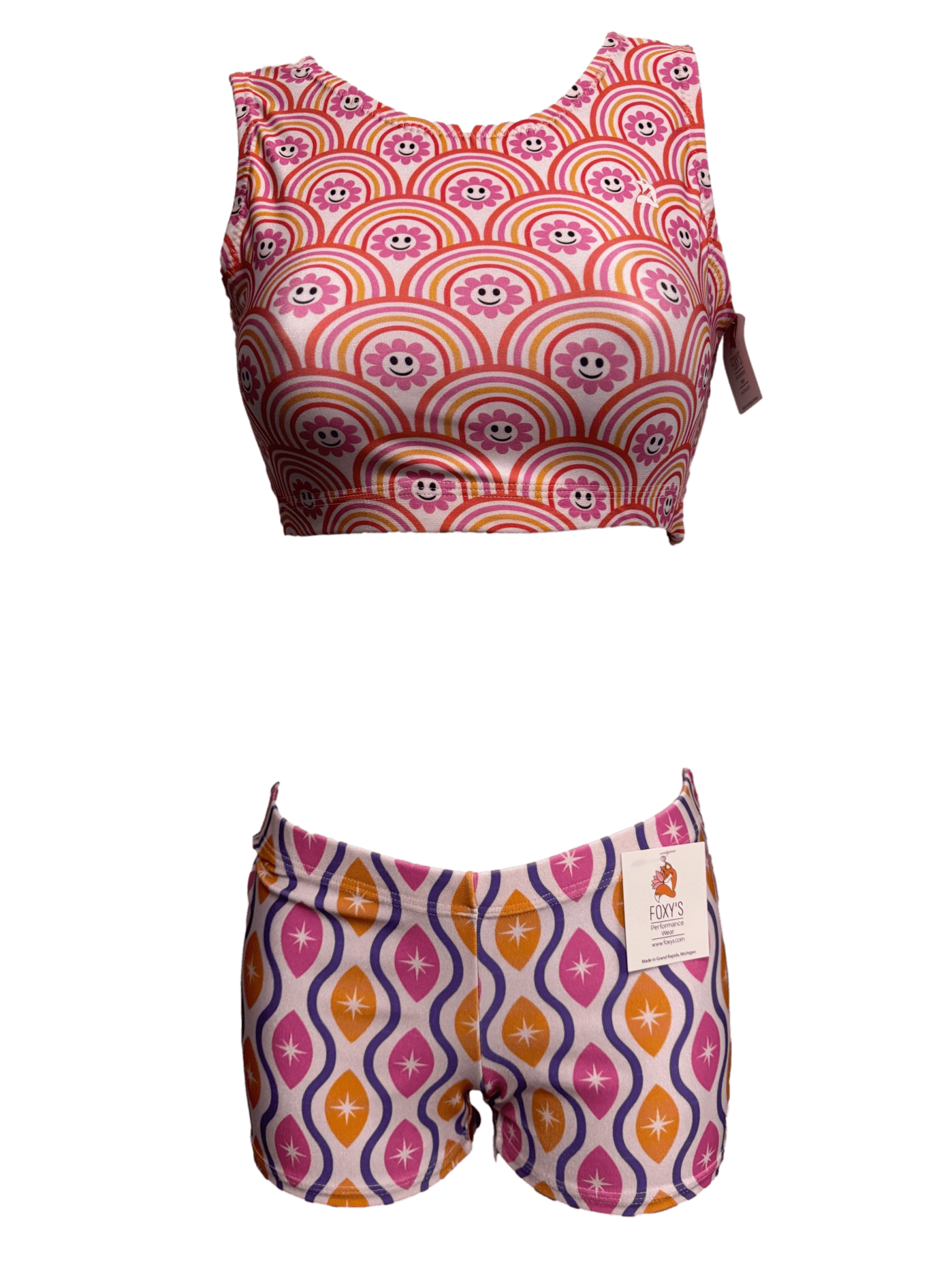 Rainbow Waves Gymnastics Outfit: 2 - Piece Leotard & Shorts Set - Made in USA - Foxy’s