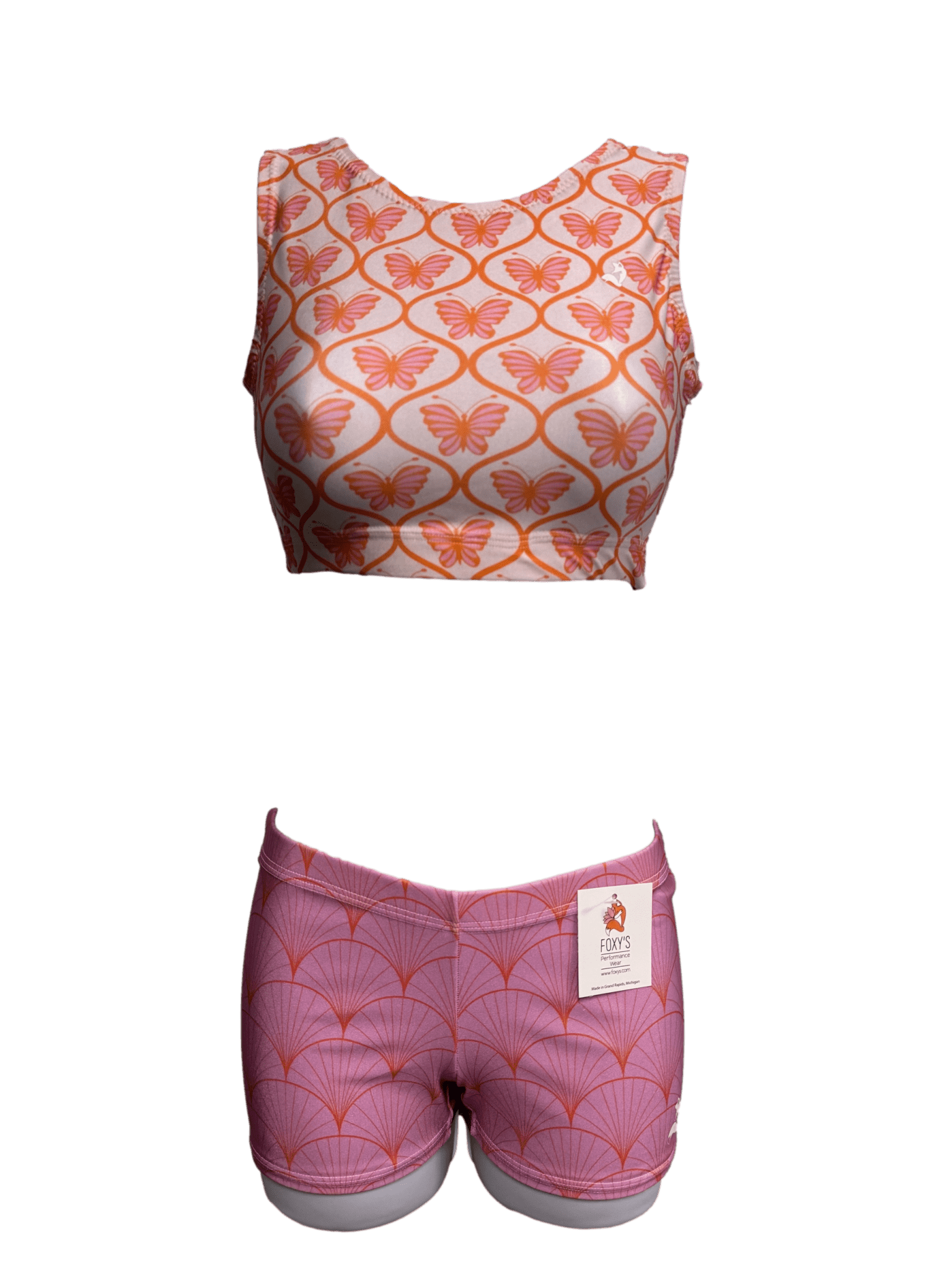Butterfly print 2-piece workout set featuring a sports bra top and running shorts.