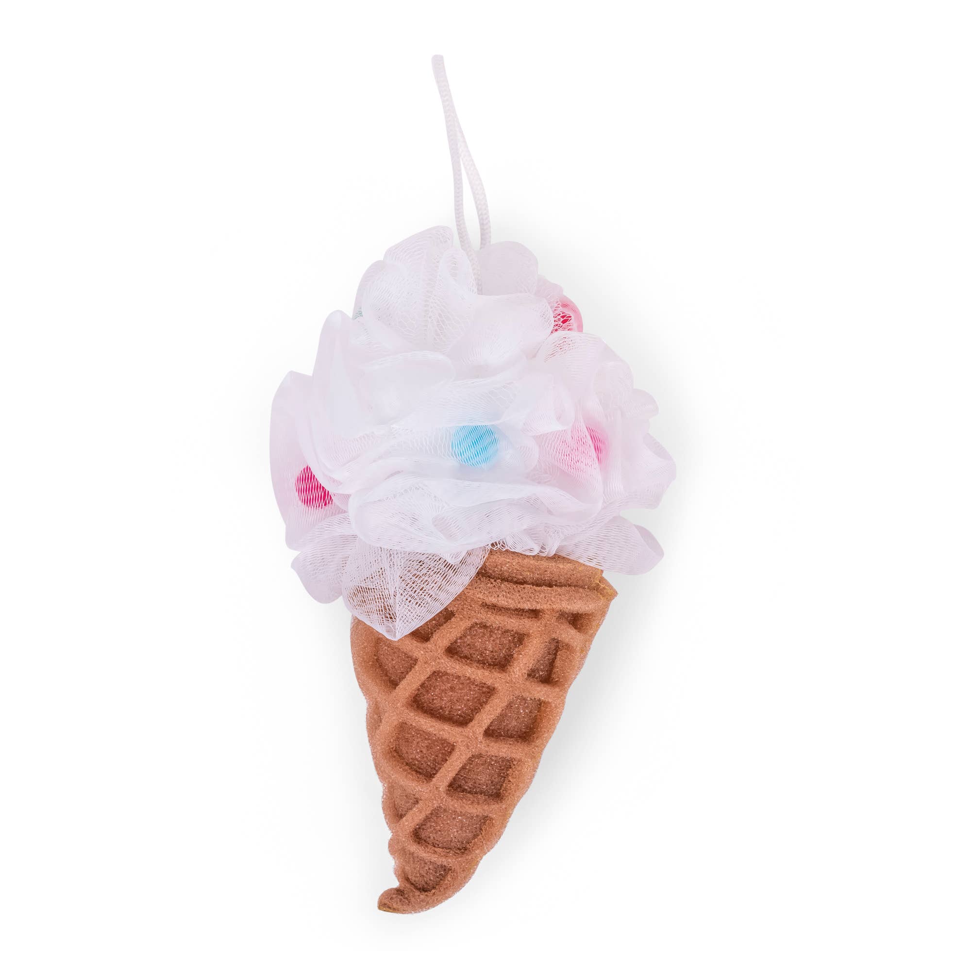 Ice cream cone bath loofah with white netting and brown waffle cone base.