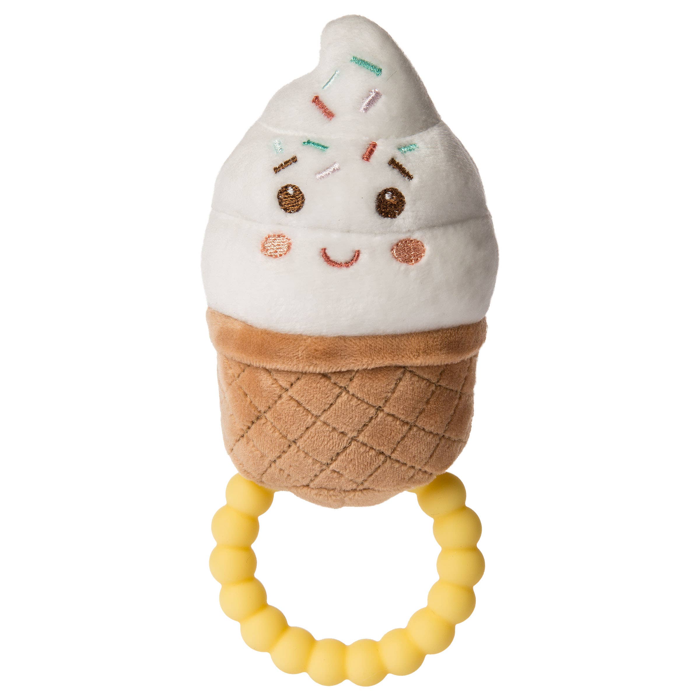 Vanilla ice cream cone plush rattle toy with teething ring for babies.