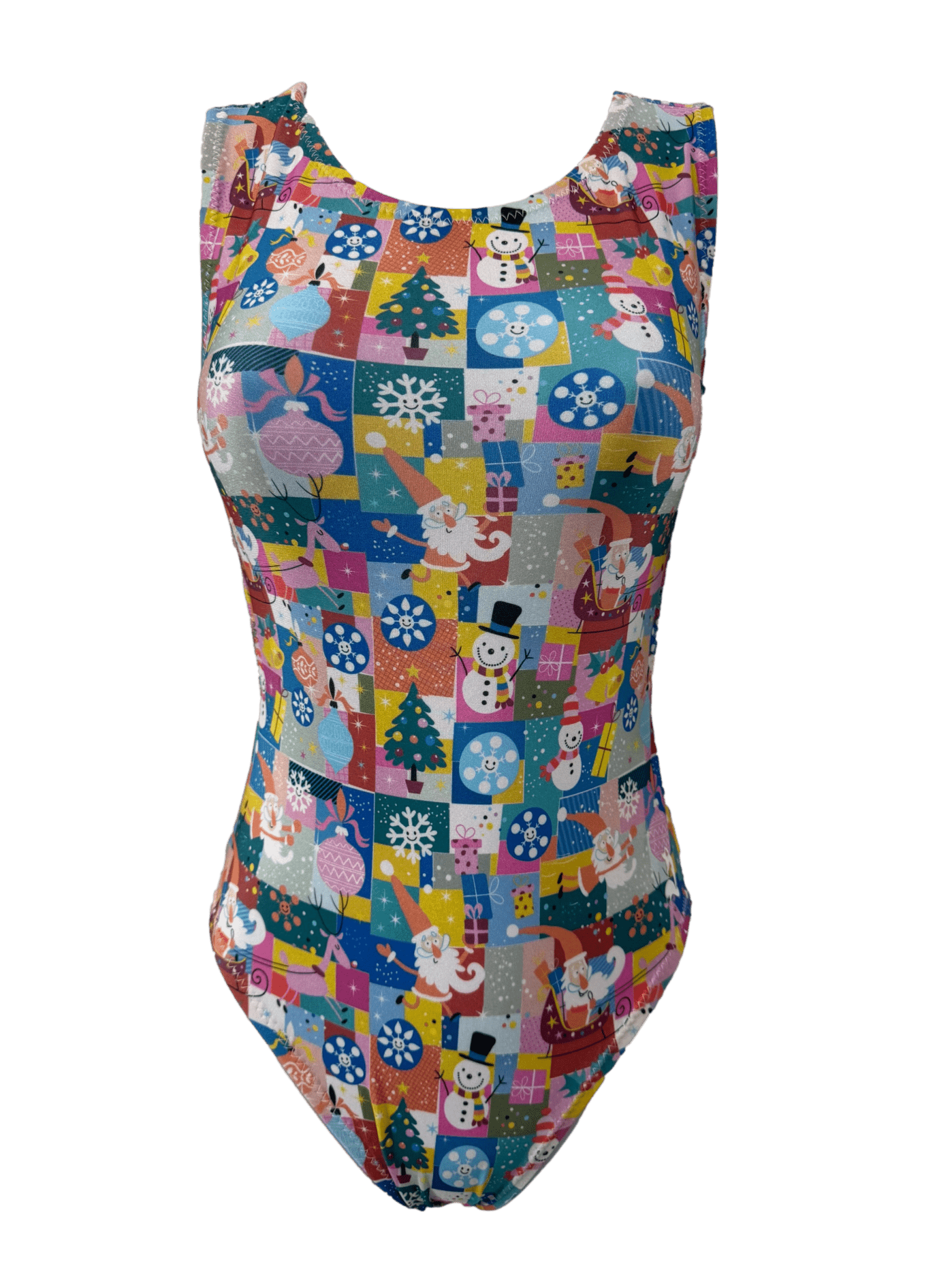 christmas prints leotards for girls gymnastics with snowmen, snowflakes, christmas tress and more, resembling christmas wrapping paper