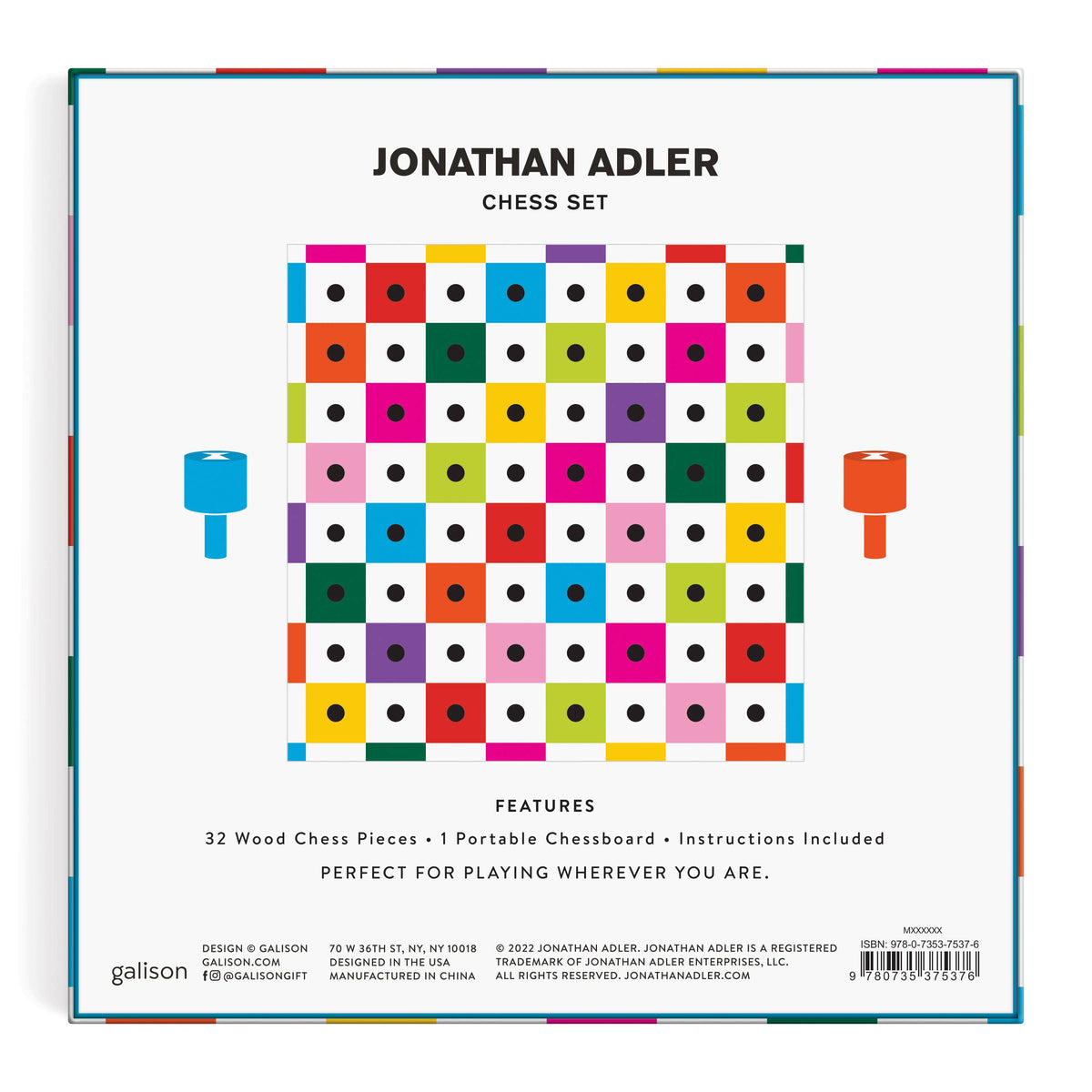 Jonathan Adler chess set packaging with colorful chessboard design on a white background