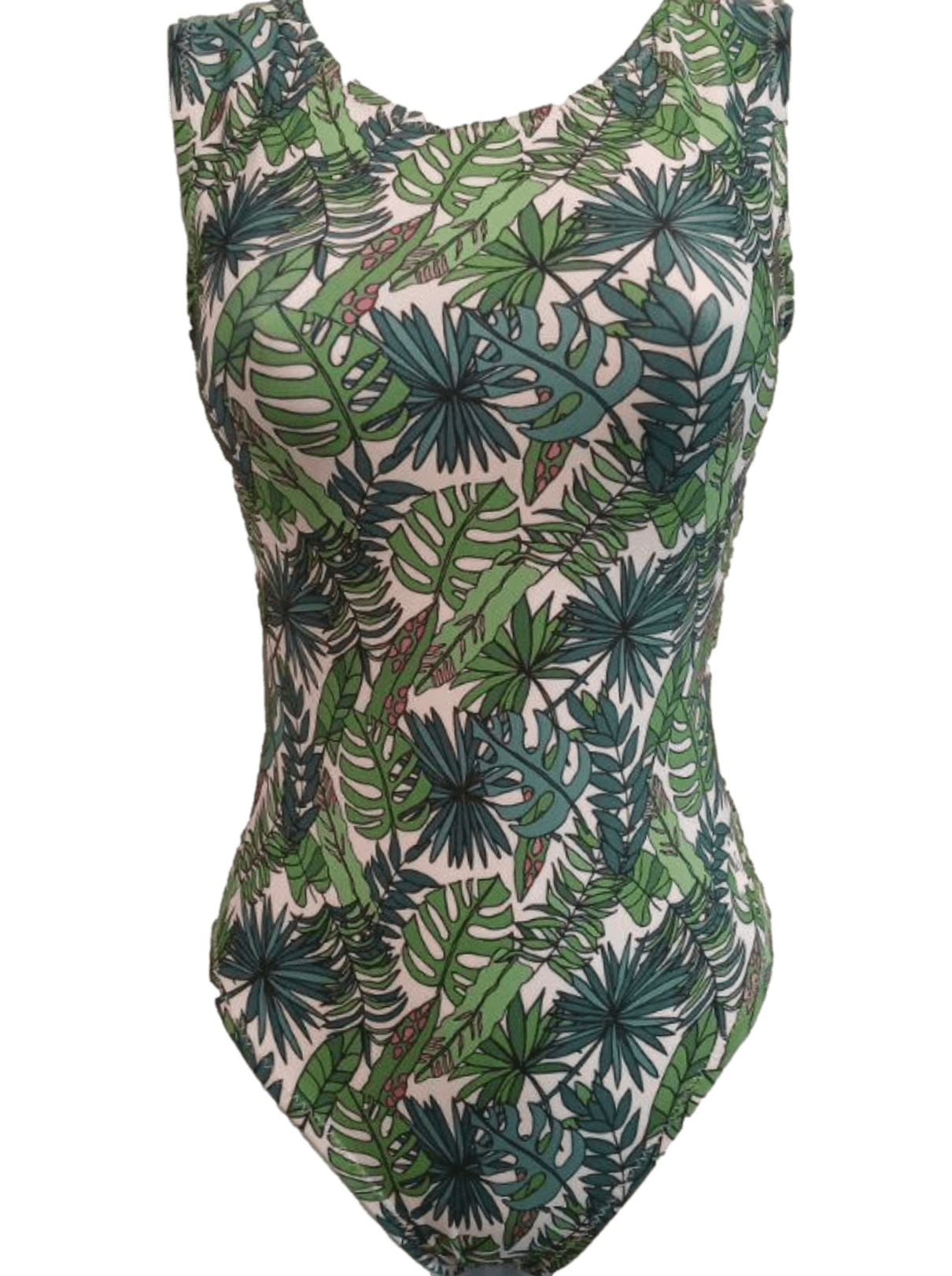 One-piece foxys leotard for gymnastics with tropical palm leaf pattern on a white background
