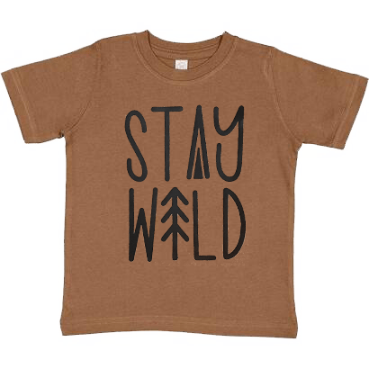 Brown toddler t-shirt with 'Stay Wild' graphic featuring a tree icon, short sleeves.