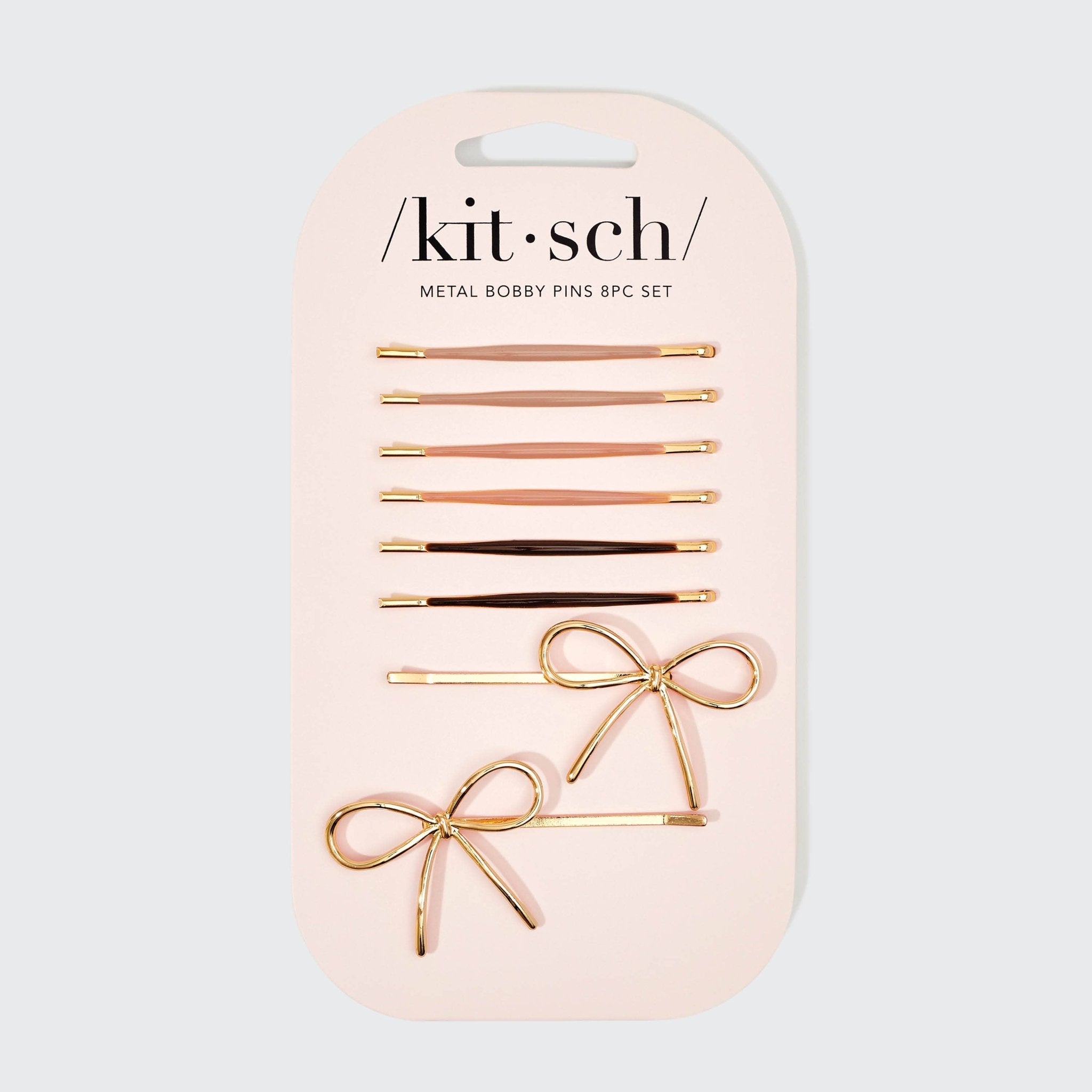 Kitsch Metal Bobby Pins 8-piece set featuring neutral hair colors and gold bow accents.