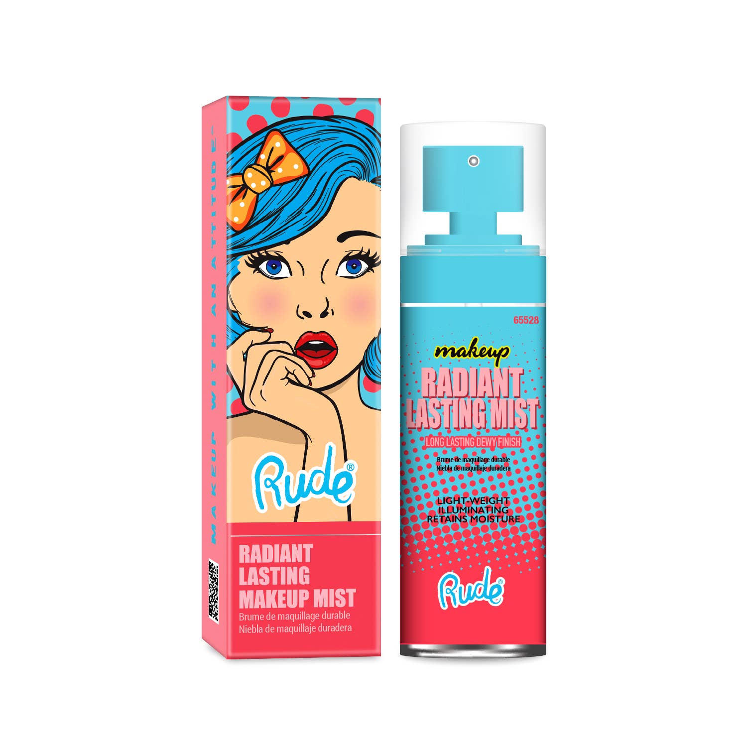 Rude Radiant Lasting Makeup Mist for a long-lasting dewy finish. Lightweight and illuminating. Retains moisture.