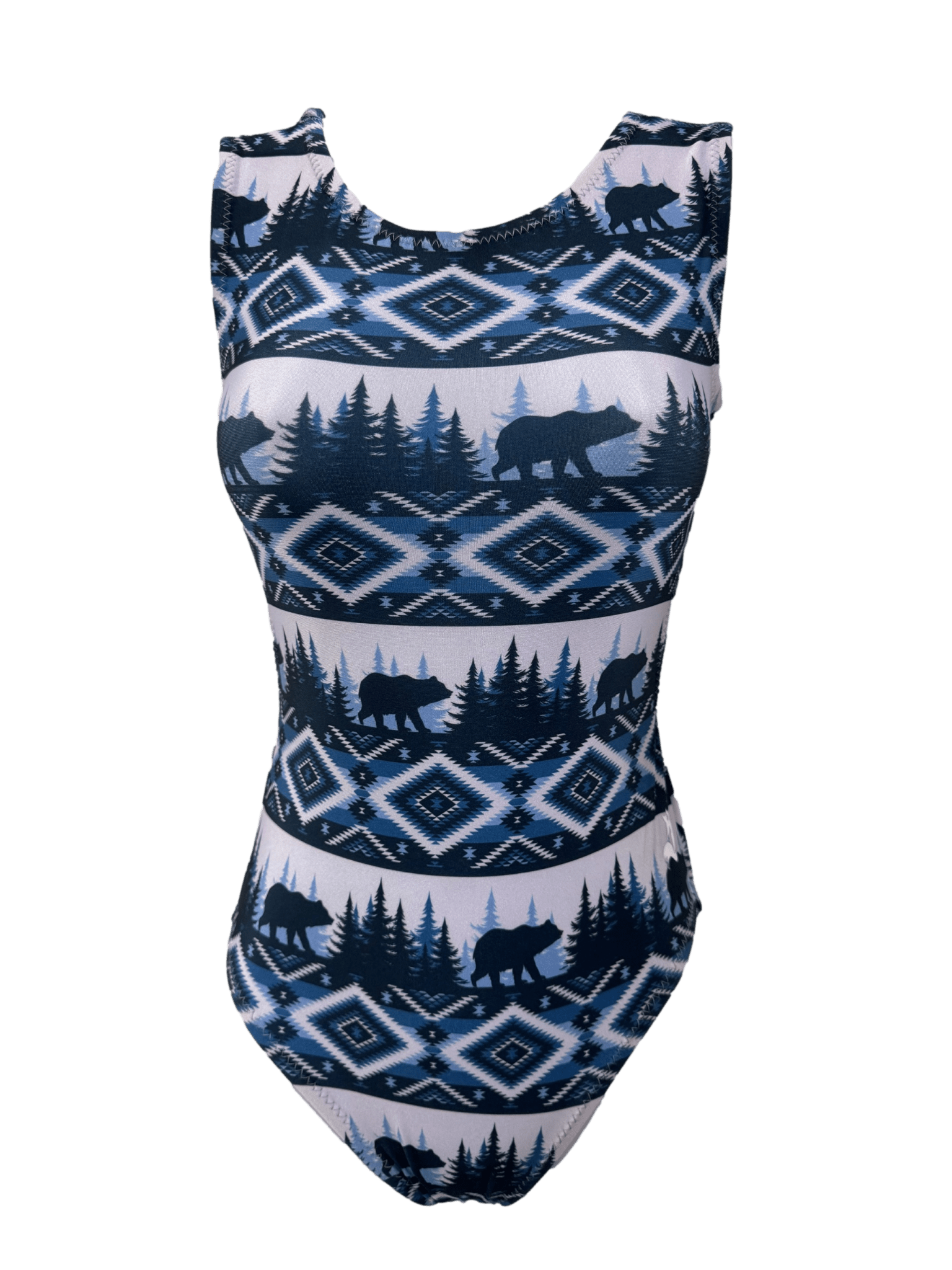 Lavender Mountainess Leotard with bears and pine trees for girls gymnastics practice