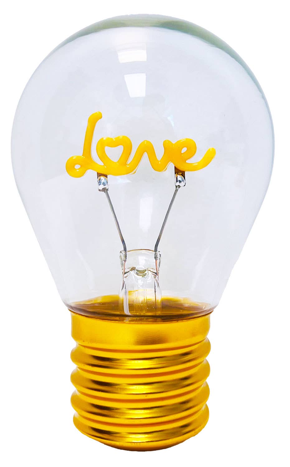Decorative lightbulb with 'Love' filament and gold base.