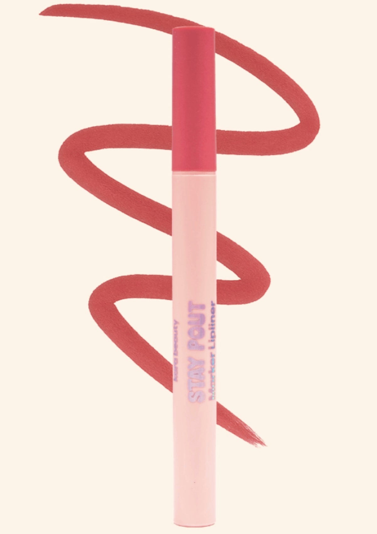 Lip liner pencil with pink and purple design on a beige background