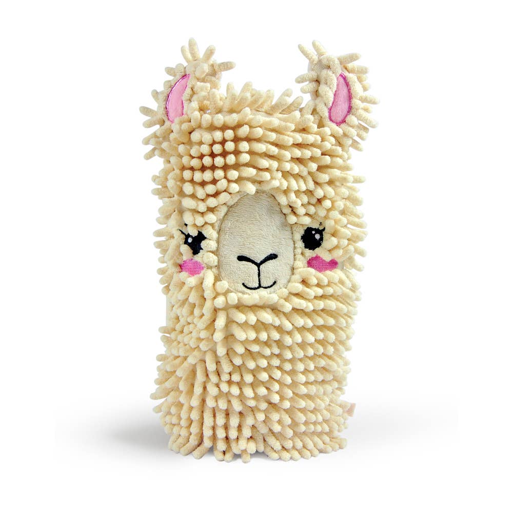 Cream llama microfiber dusting mitt with embroidered face and pink ears
