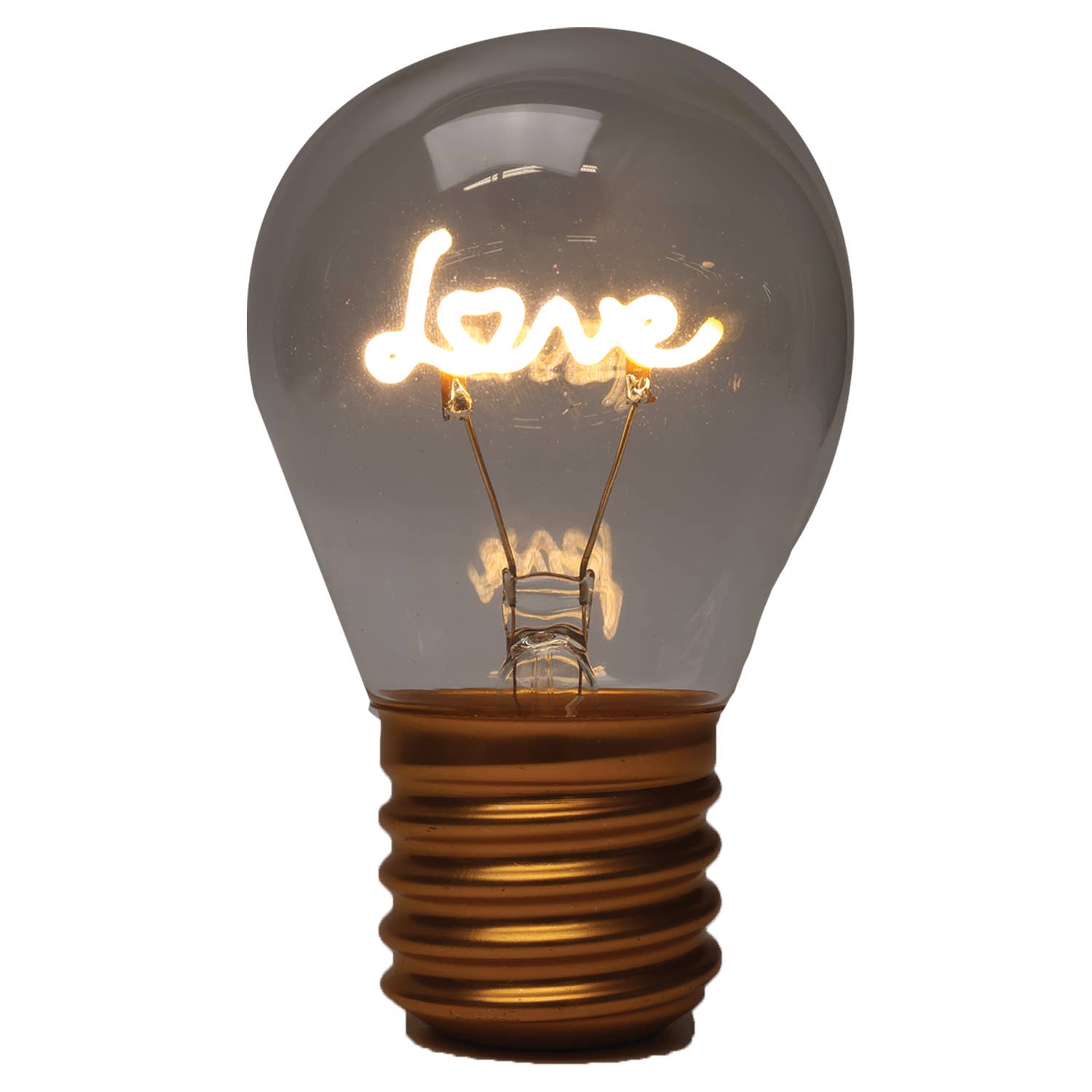 Decorative light bulb with illuminated 'love' filament and gold base.