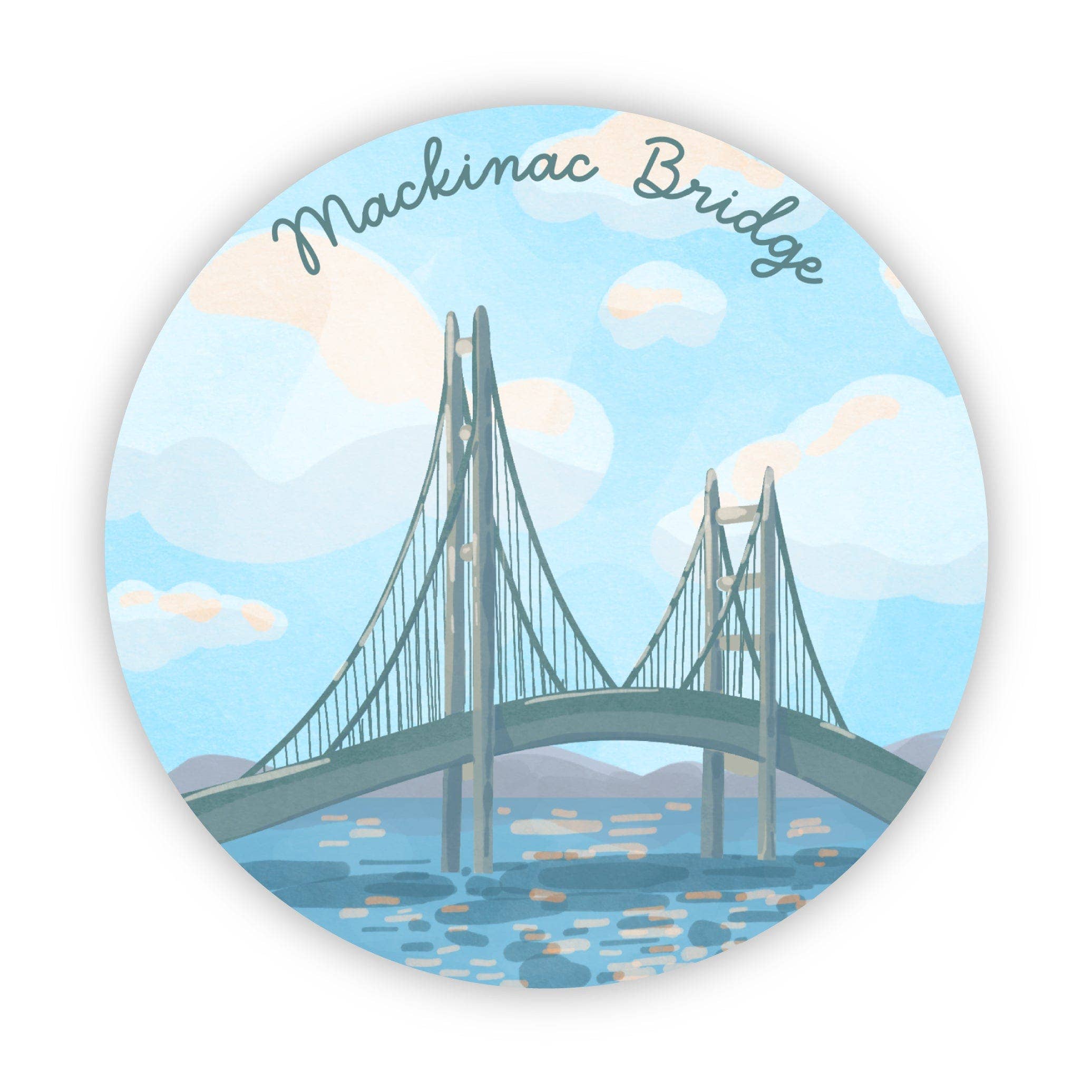 Mackinac Bridge Michigan sticker featuring a cartoon illustration of the bridge.