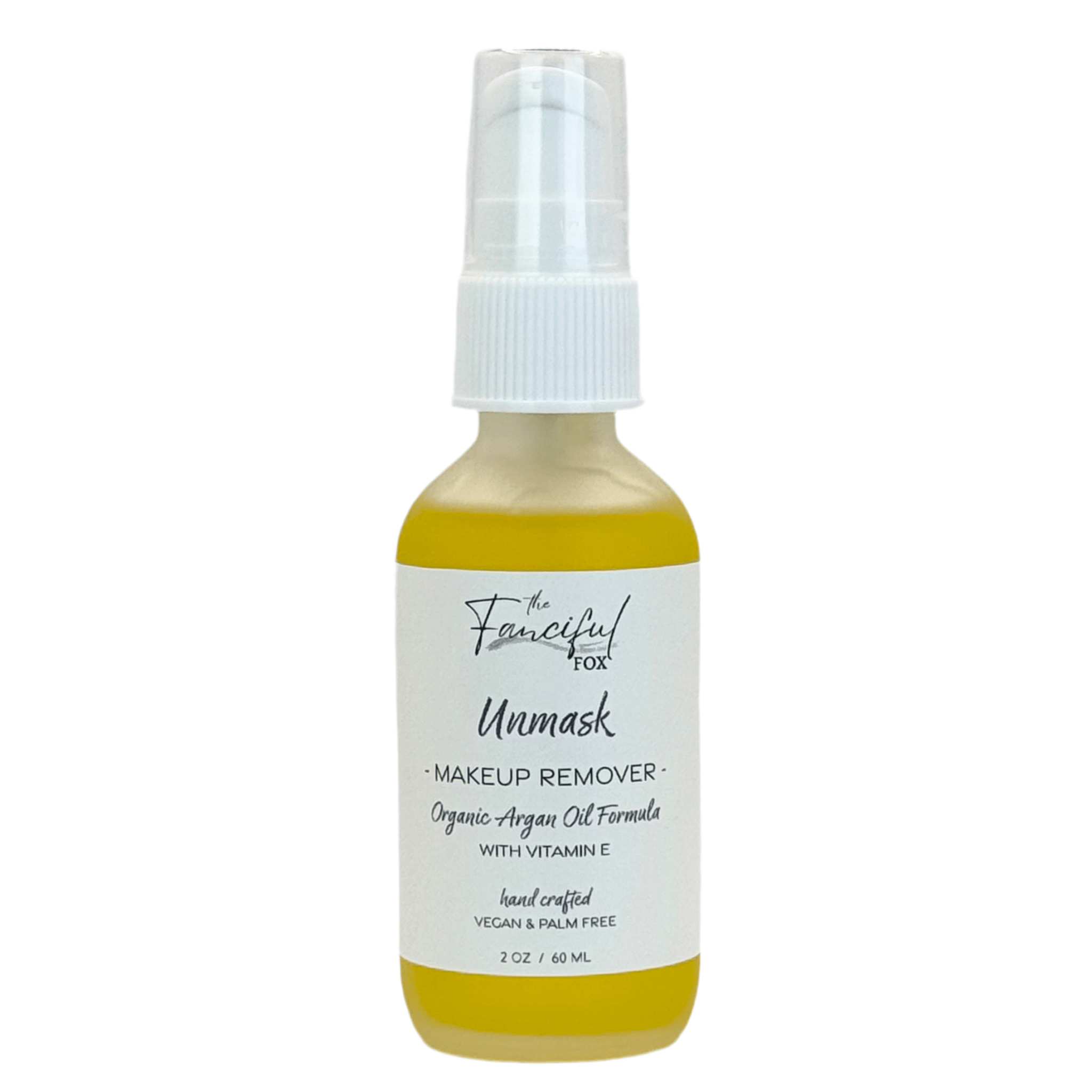 The Fanciful Fox Unmask makeup remover with organic argan oil and vitamin E in 2oz bottle.