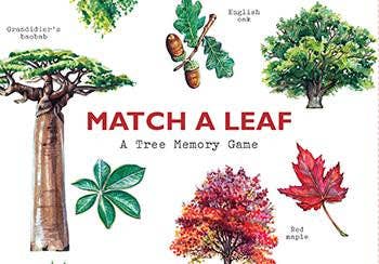 Book cover of 'Match a Leaf: A Tree Memory Game' with illustrations of trees and leaves.
