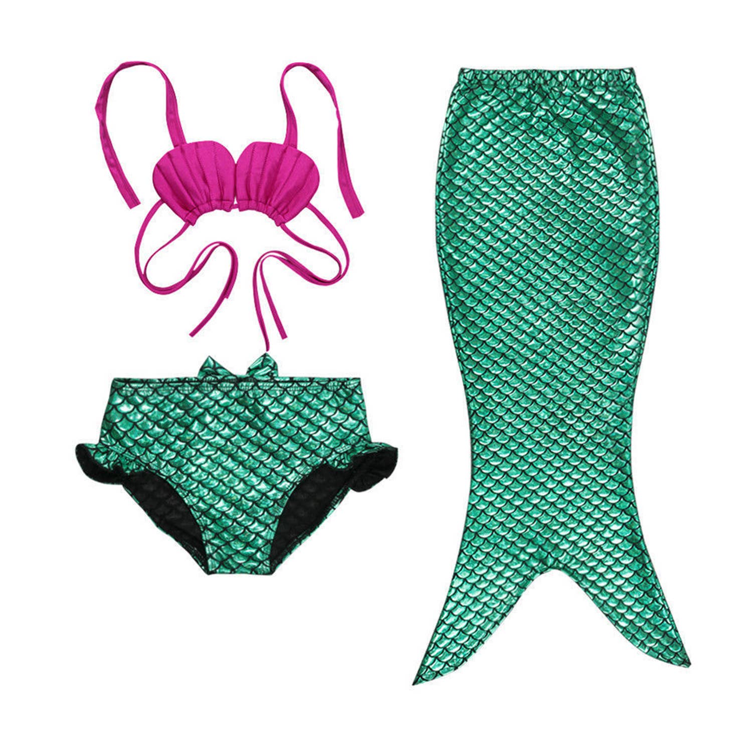 Girls' 3-piece mermaid swimsuit: pink shell top, green scale tail and ruffled swim bottoms.