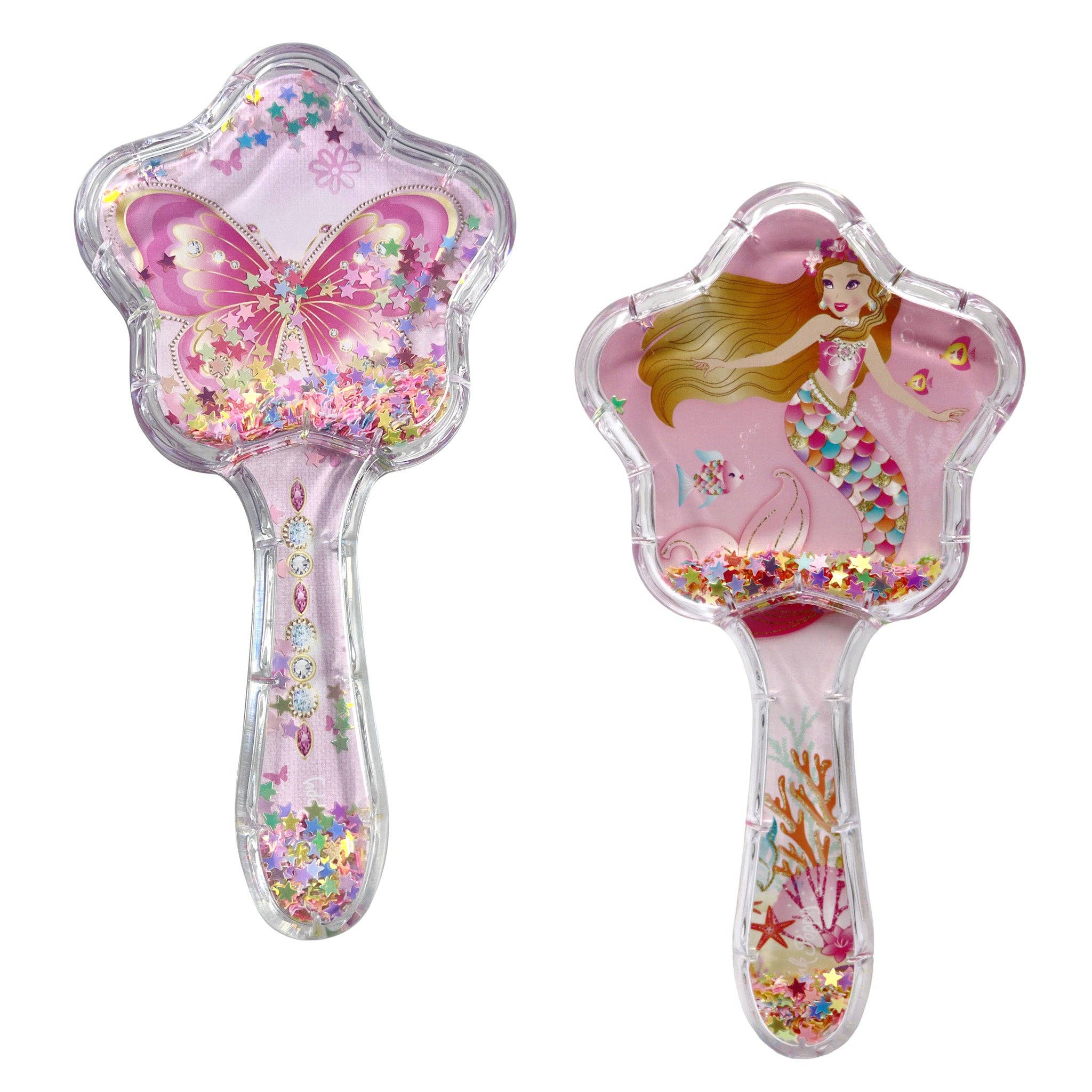 Two star-shaped glitter hairbrushes for girls: one with a mermaid, one with a butterfly.