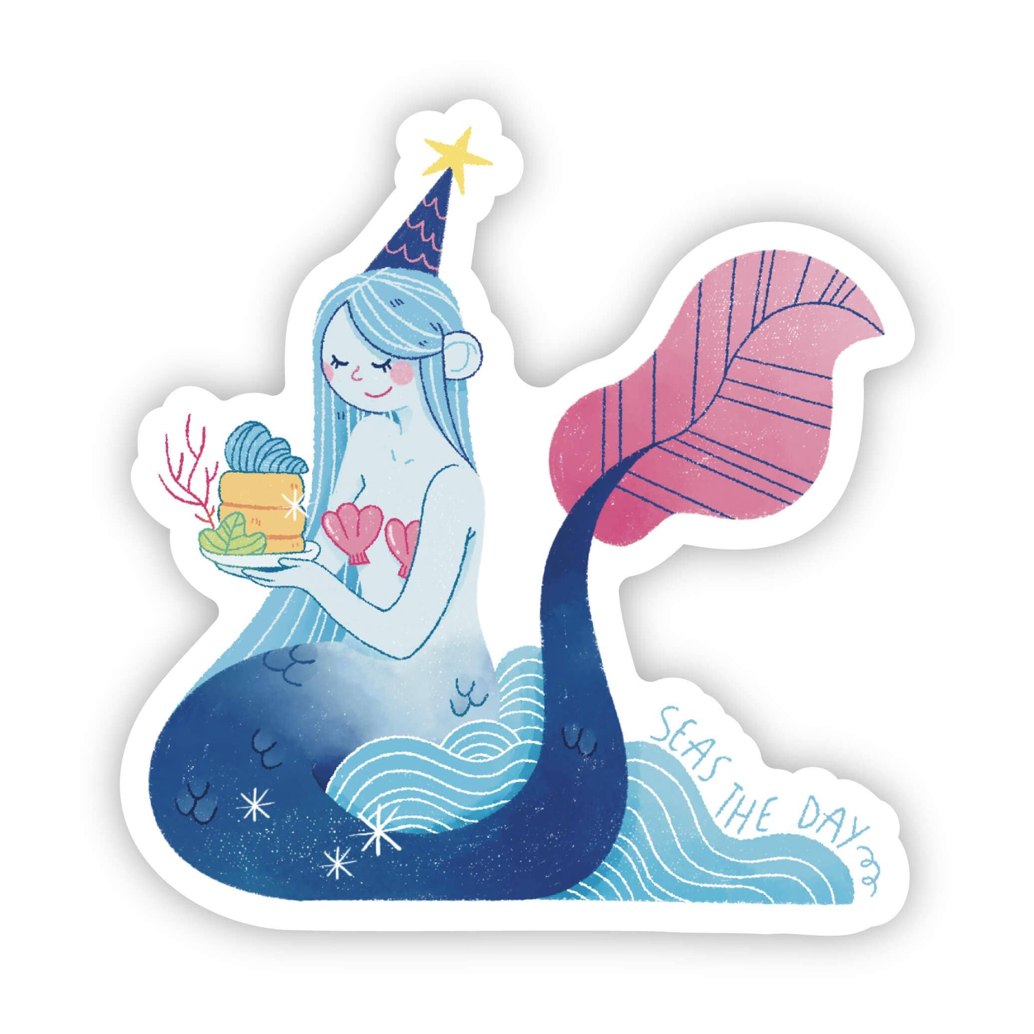 Mermaid sticker with party hat, shell bra, and cake, with text "Seas the day"