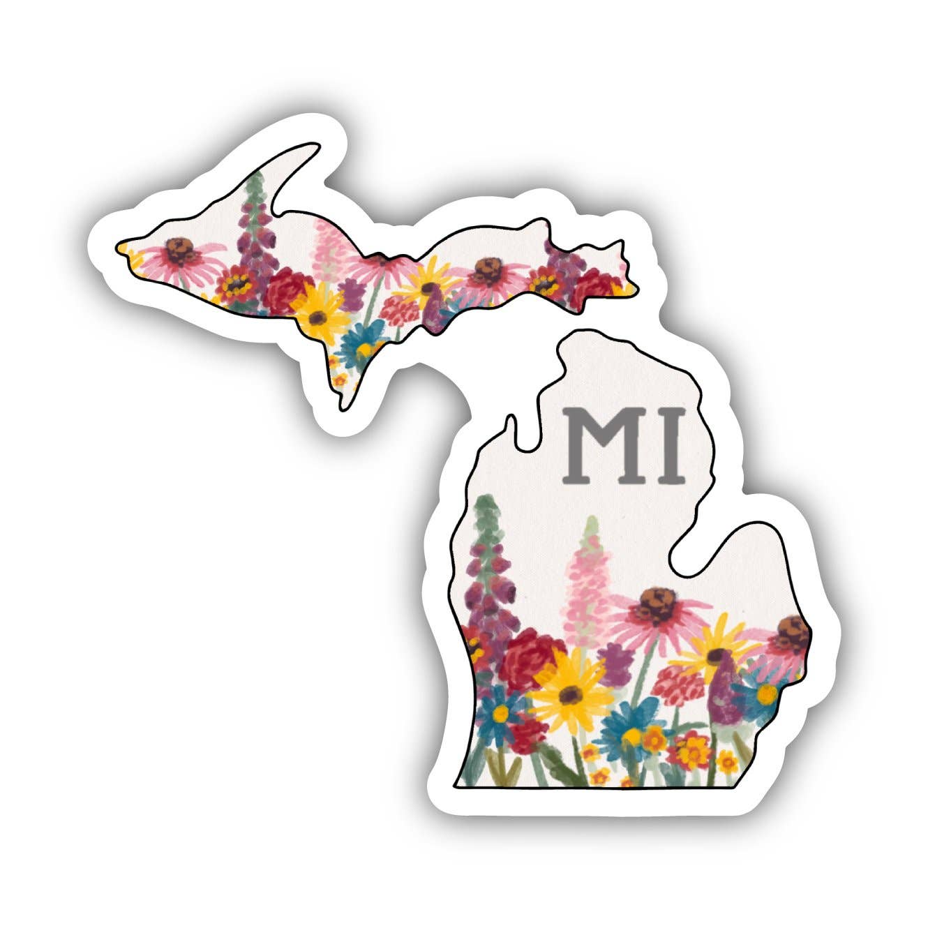 Michigan sticker featuring floral design in state outline with 'MI' text.