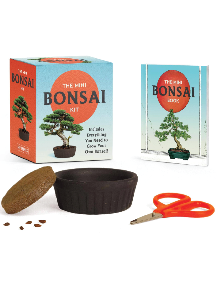 Bonsai kit with packaging, pot, soil, scissors, and book on a white background