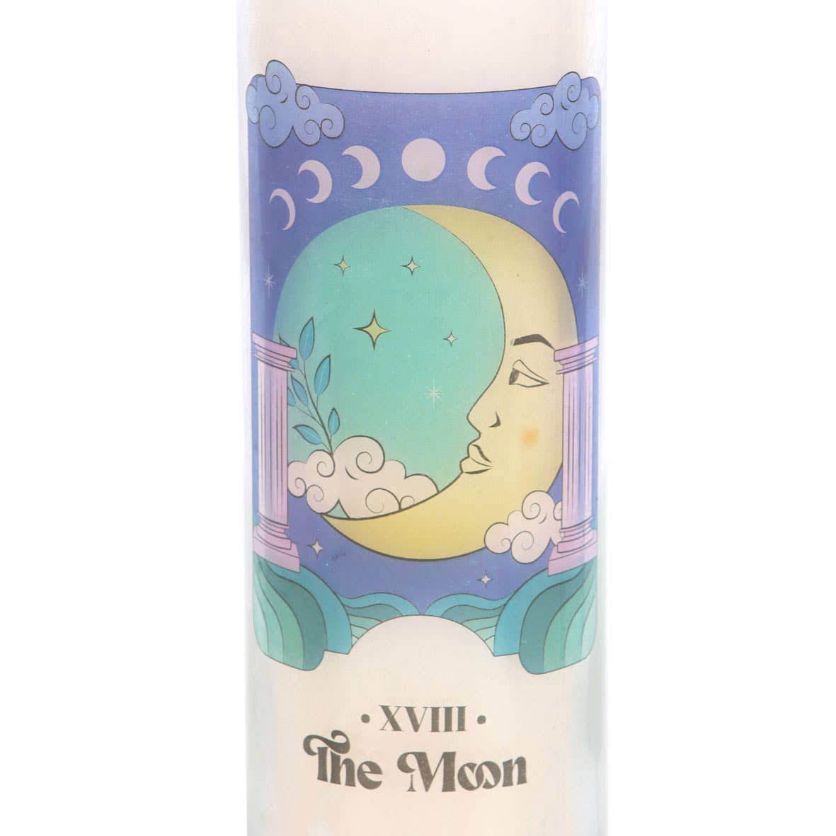 The Moon tarot card candle in glass jar with celestial design.