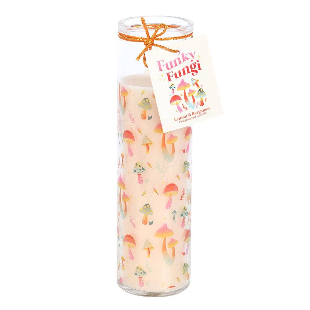 Funky Fungi lemon & bergamot fragranced candle in a tall glass vase with mushroom print.