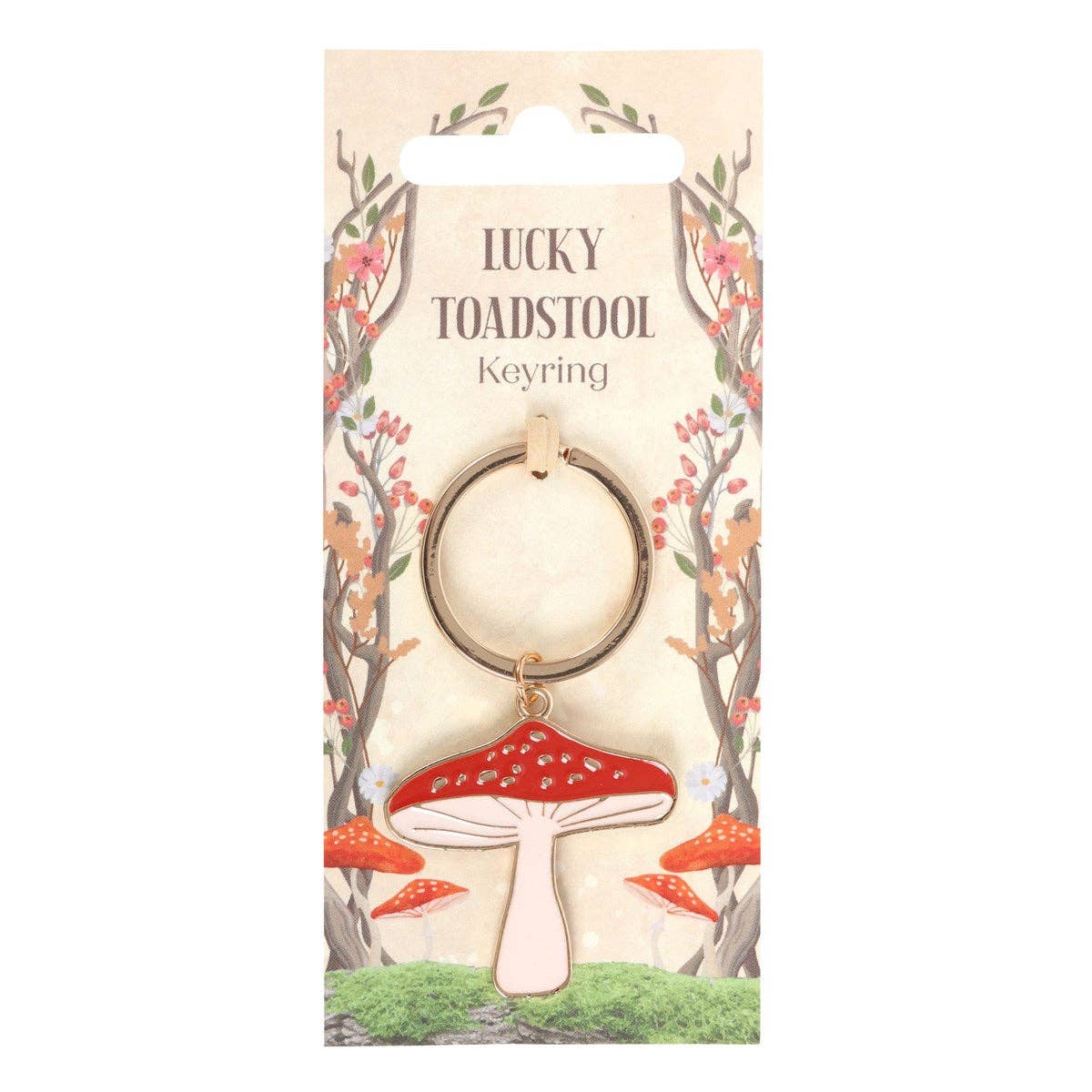 Lucky Toadstool Keyring featuring a red and white mushroom design.