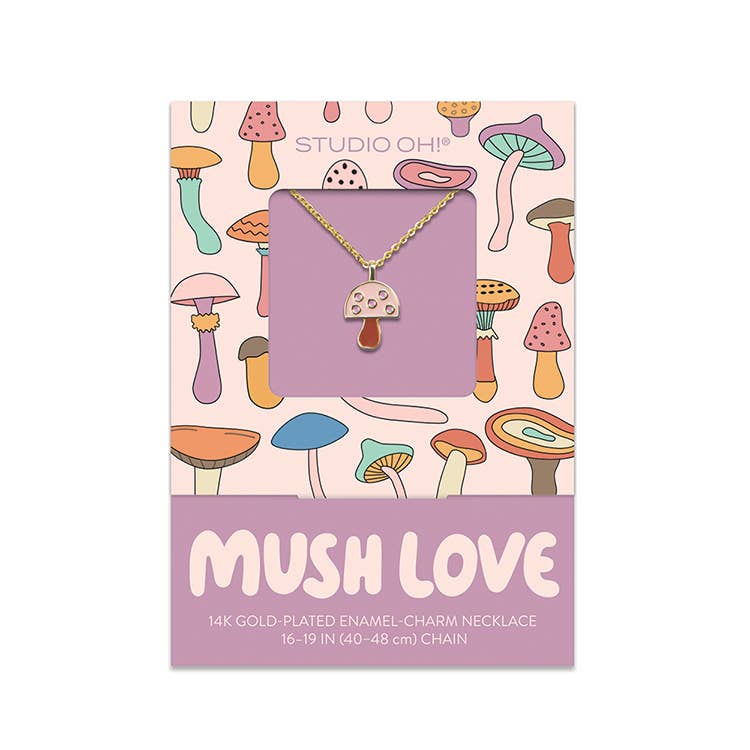 Studio Oh! Mush Love mushroom necklace; 14k gold-plated enamel charm with 16-19 inch chain.