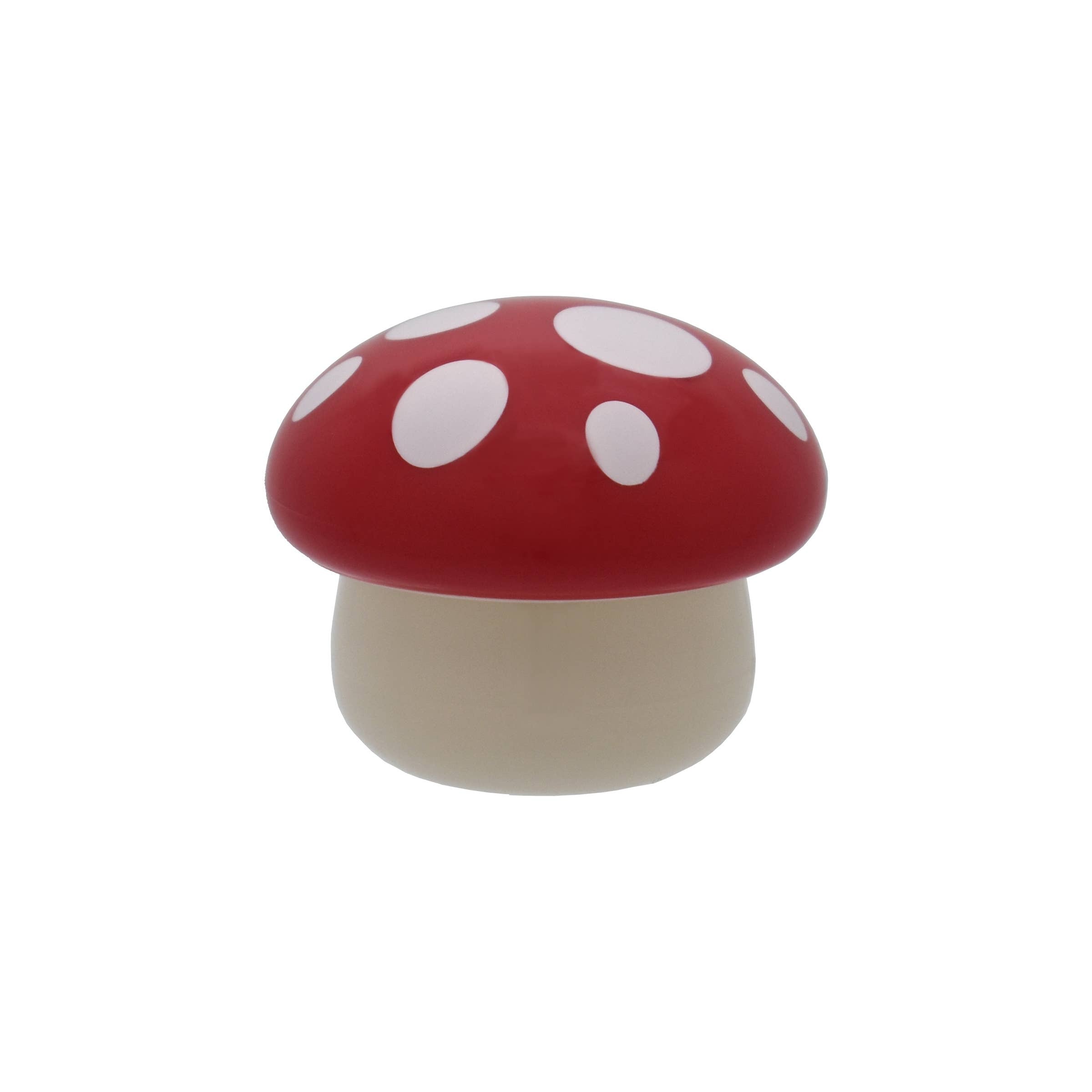 Mushroom-shaped lip gloss with red cap and white dots, for kids.