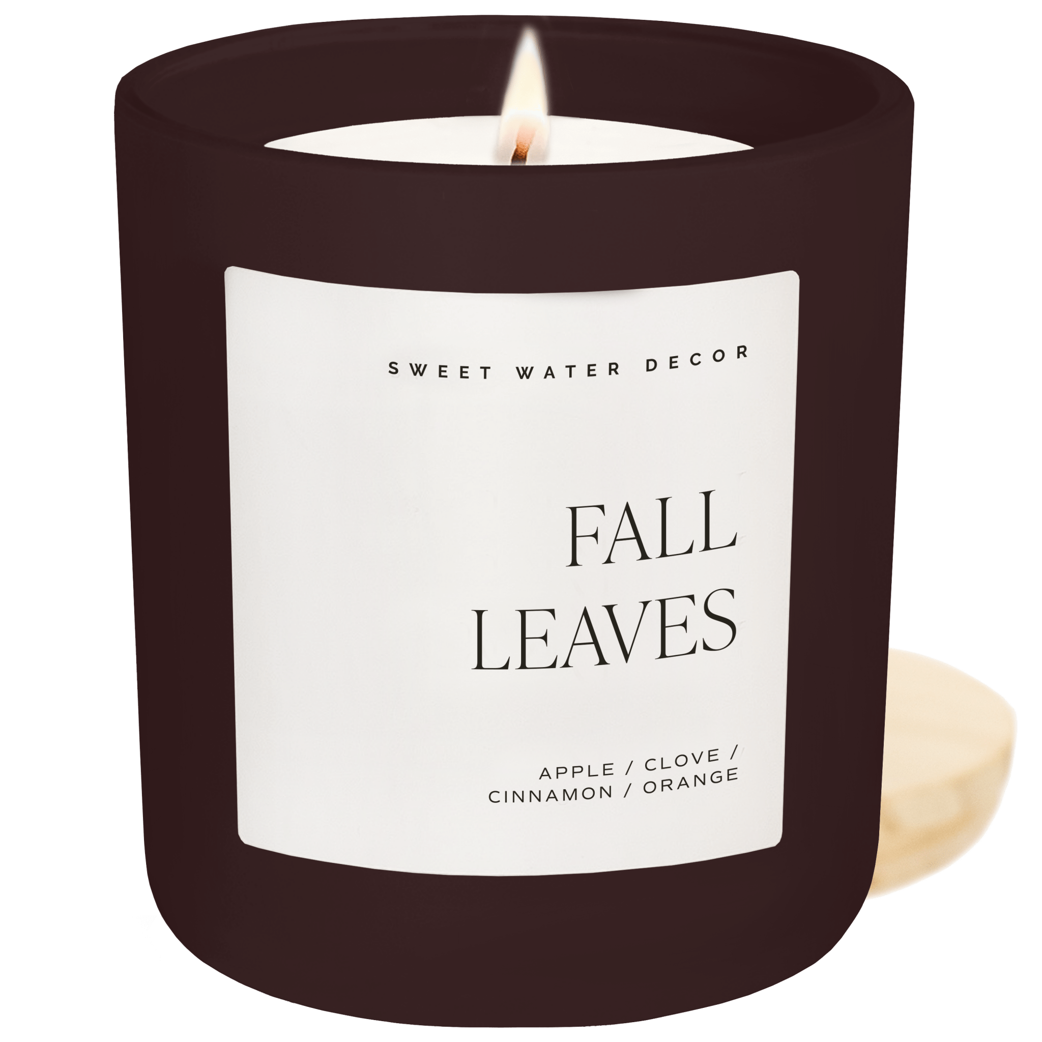 Candle labeled 'Fall Leaves' by Sweet Water Decor with a white label on a black container.