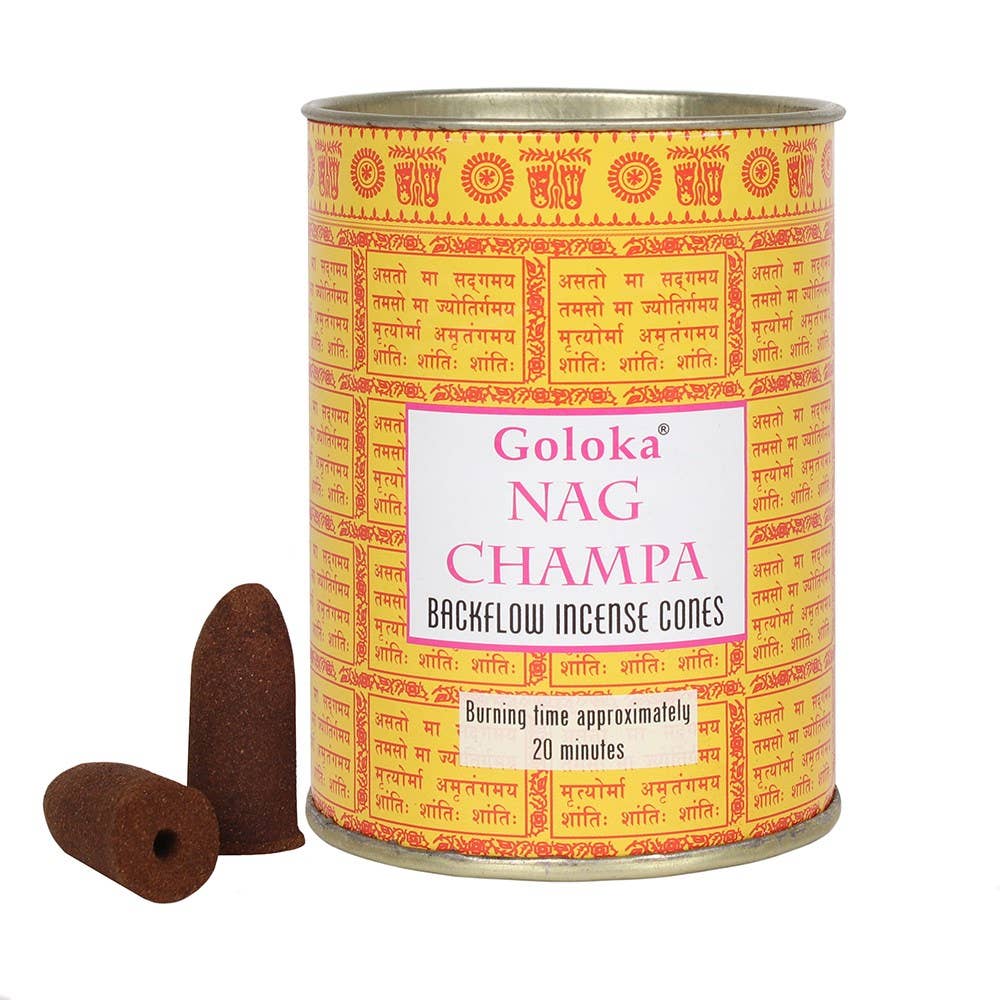 Goloka Nag Champa backflow incense cones in decorative tin. Burning time approx. 20 minutes.