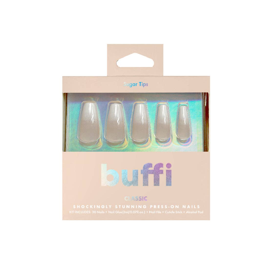 Buffi Classic press-on nail kit by Sugar Tips, includes 30 nails, glue, file, cuticle stick, and alcohol pad.
