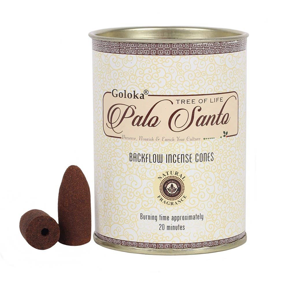 Goloka Palo Santo backflow incense cones in container. Burning time approx. 20 minutes.