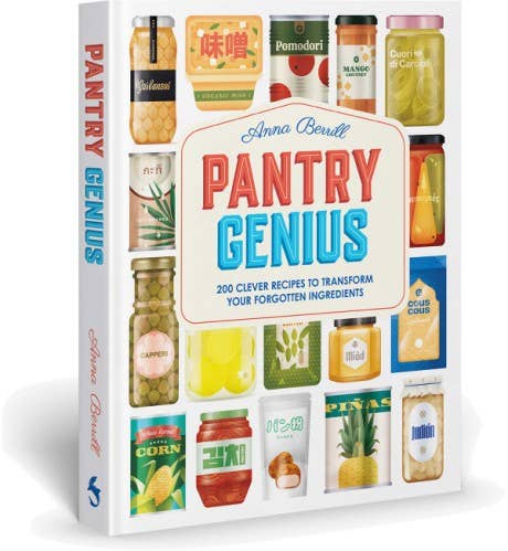Book titled 'Pantry Genius' by Anna Berdoll with colorful illustrations on the cover.
