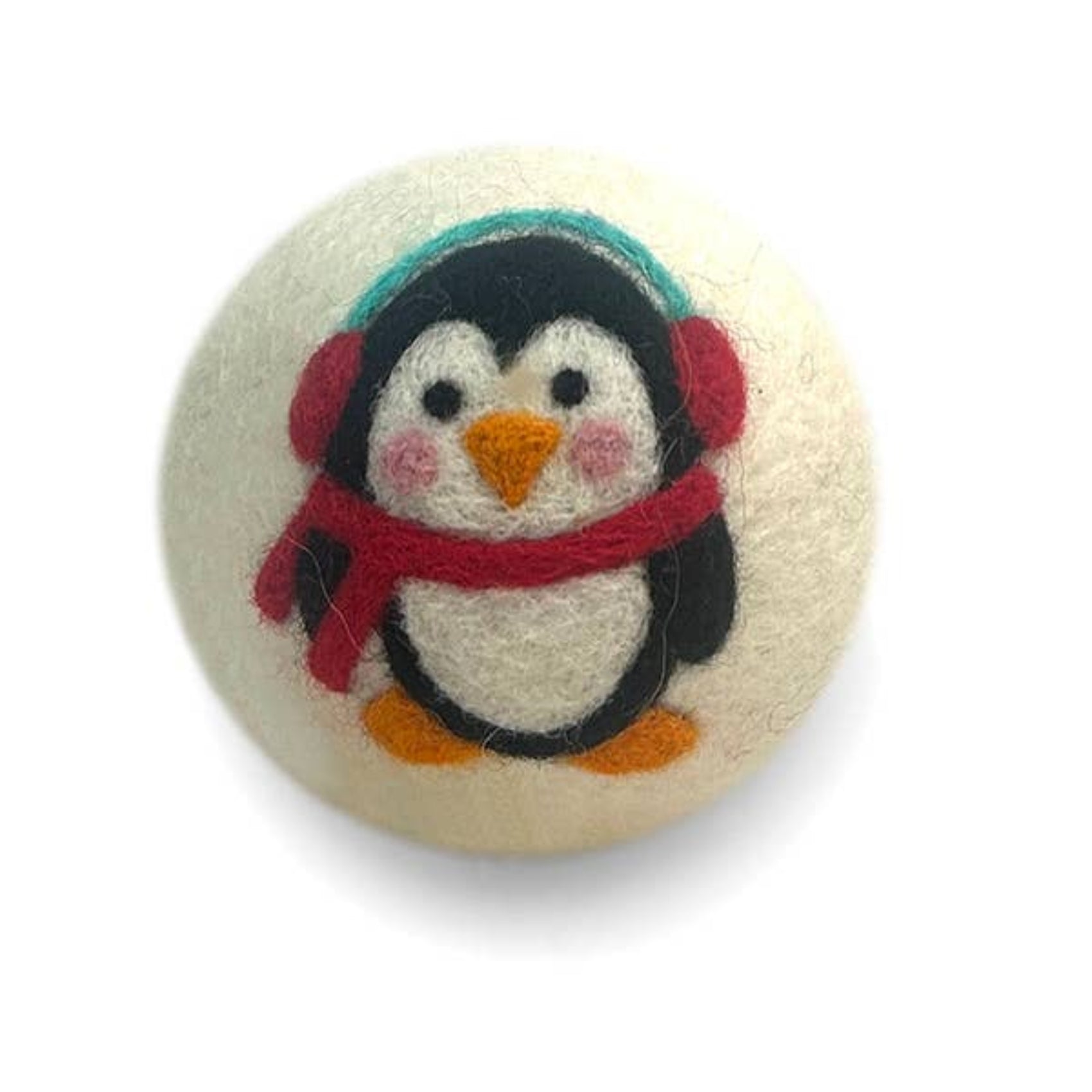 Button with a penguin design wearing a red scarf on a white background