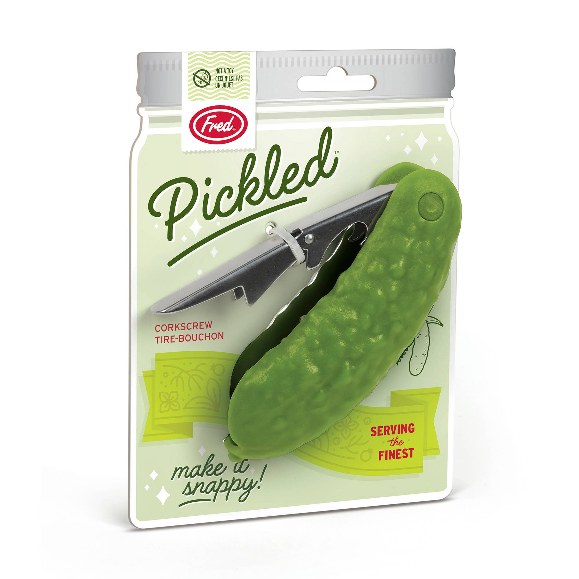 Fred Pickled corkscrew; pickle-shaped bottle opener with stainless steel worm, foil cutter, and bottle opener.
