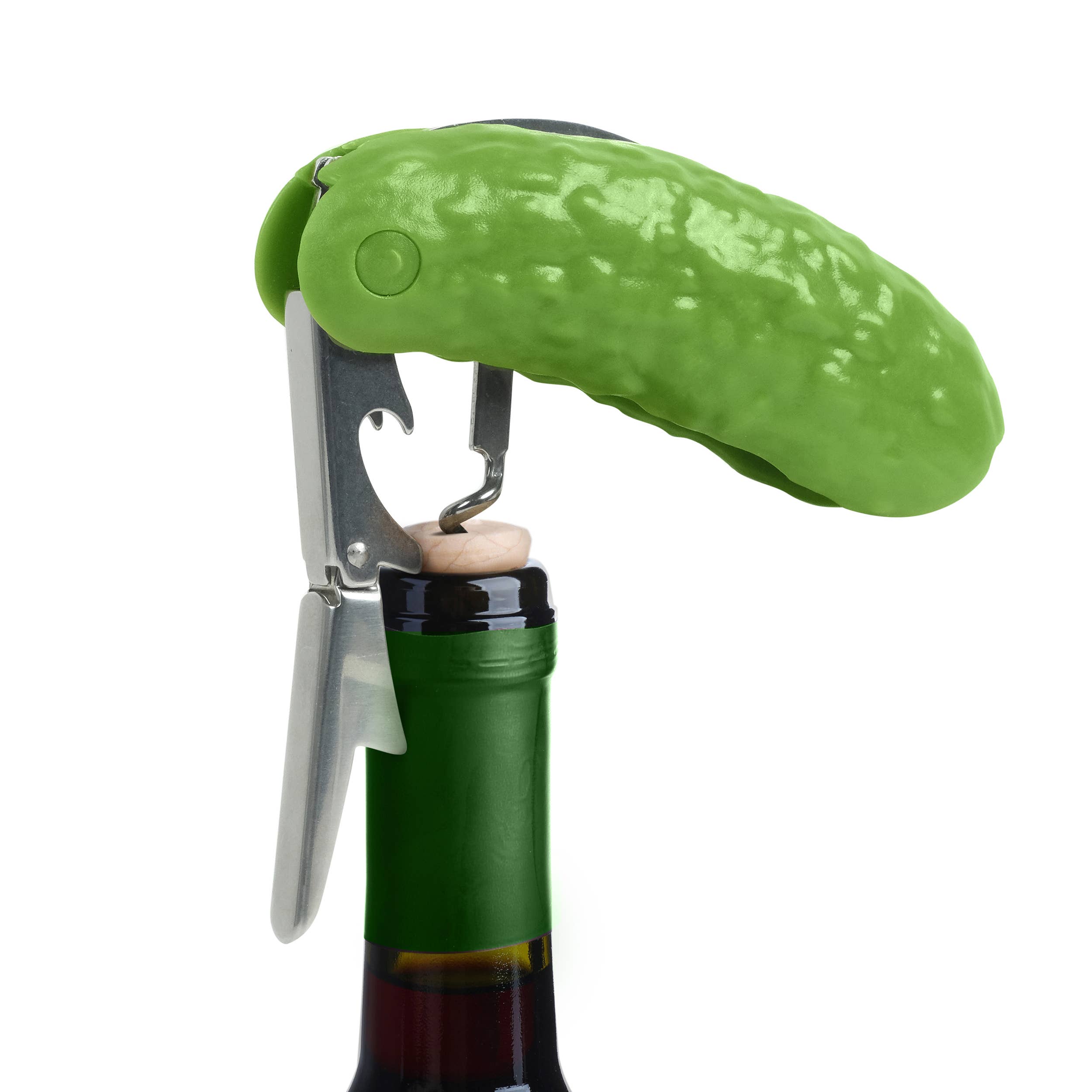 Novelty pickle-shaped wine bottle opener uncorking a green wine bottle.