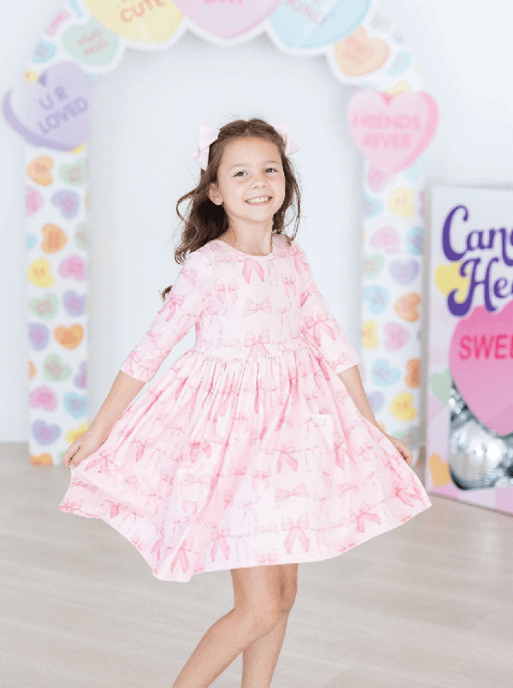 Blushing Bows 3/4 Sleeve Pocket Twirl Dress - Foxy’s