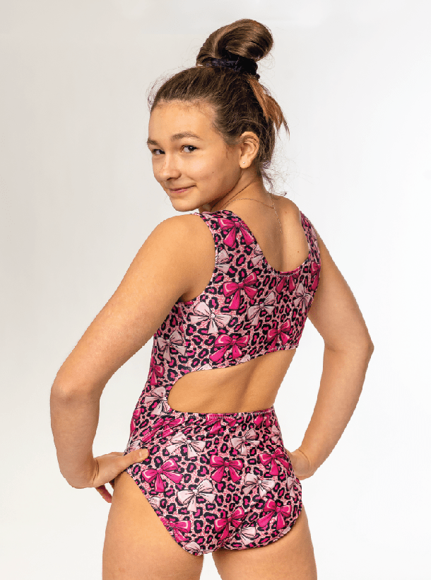 Pink Cheetah Bows - Foxy's Girl's Leotard: Bright, Comfortable, & USA Made! - Foxy’s