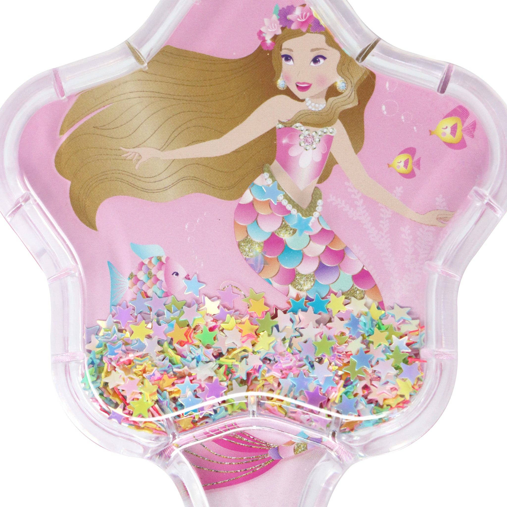 Pink mermaid hair brush for girls with liquid star glitter.