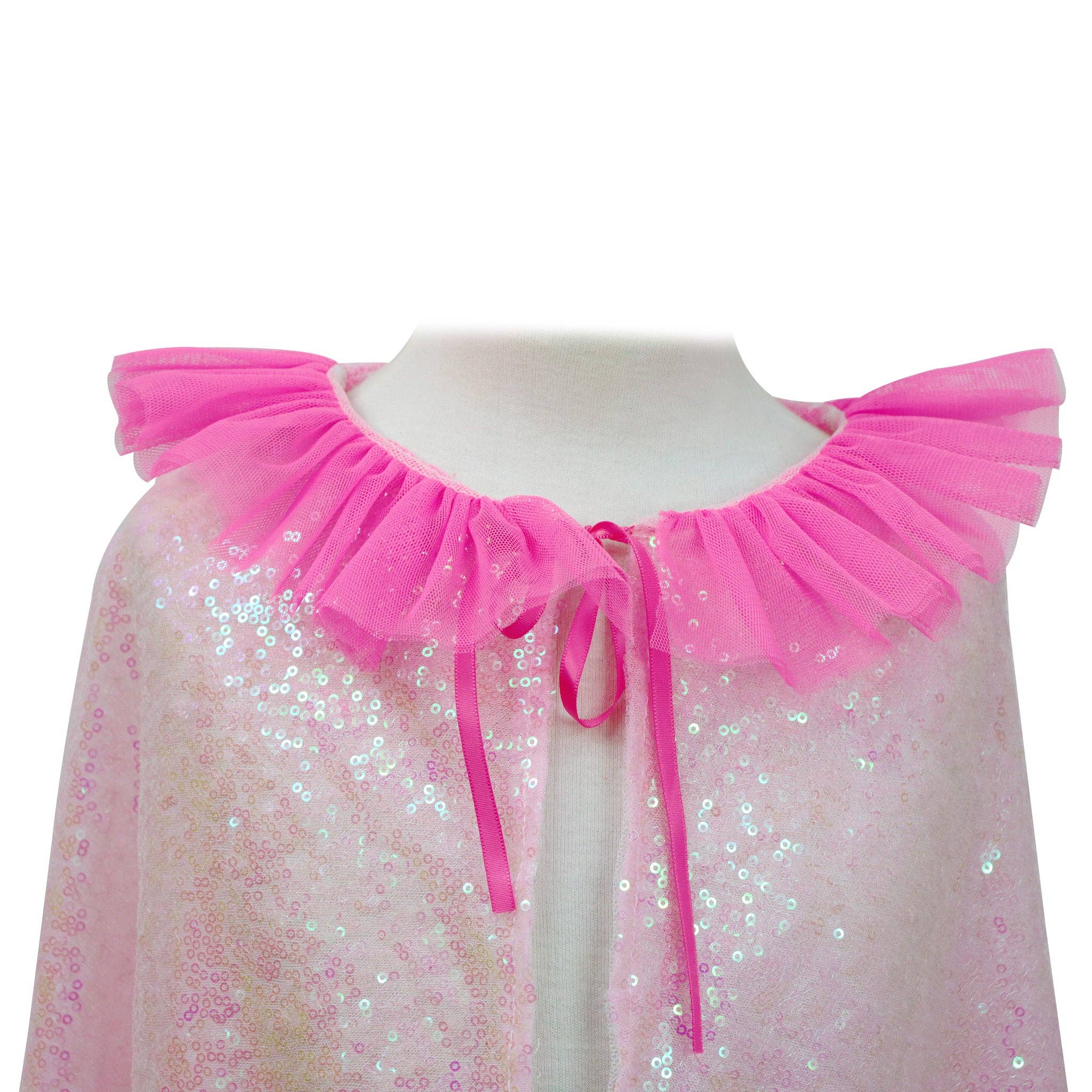 Pink sequin cape with tulle collar and ribbon ties for girls' dress-up.