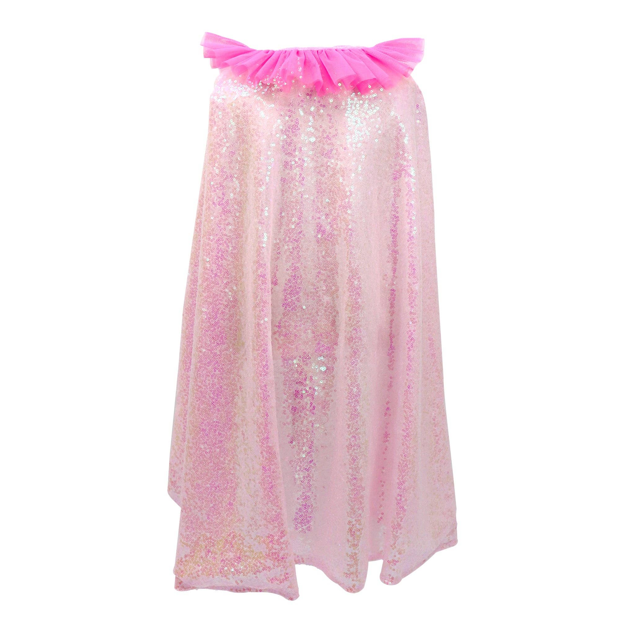 Pink sequin cape with ruffled trim for dress-up and pretend play.