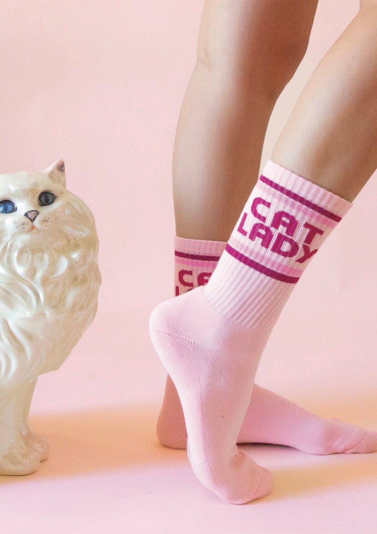 Pink Cat Lady Striped Ribbed Crew Socks - Organic Cotton Comfort - Foxy’s