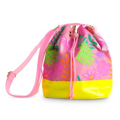Pink floral drawstring backpack with yellow base, adjustable straps. Small beach bag for girls.