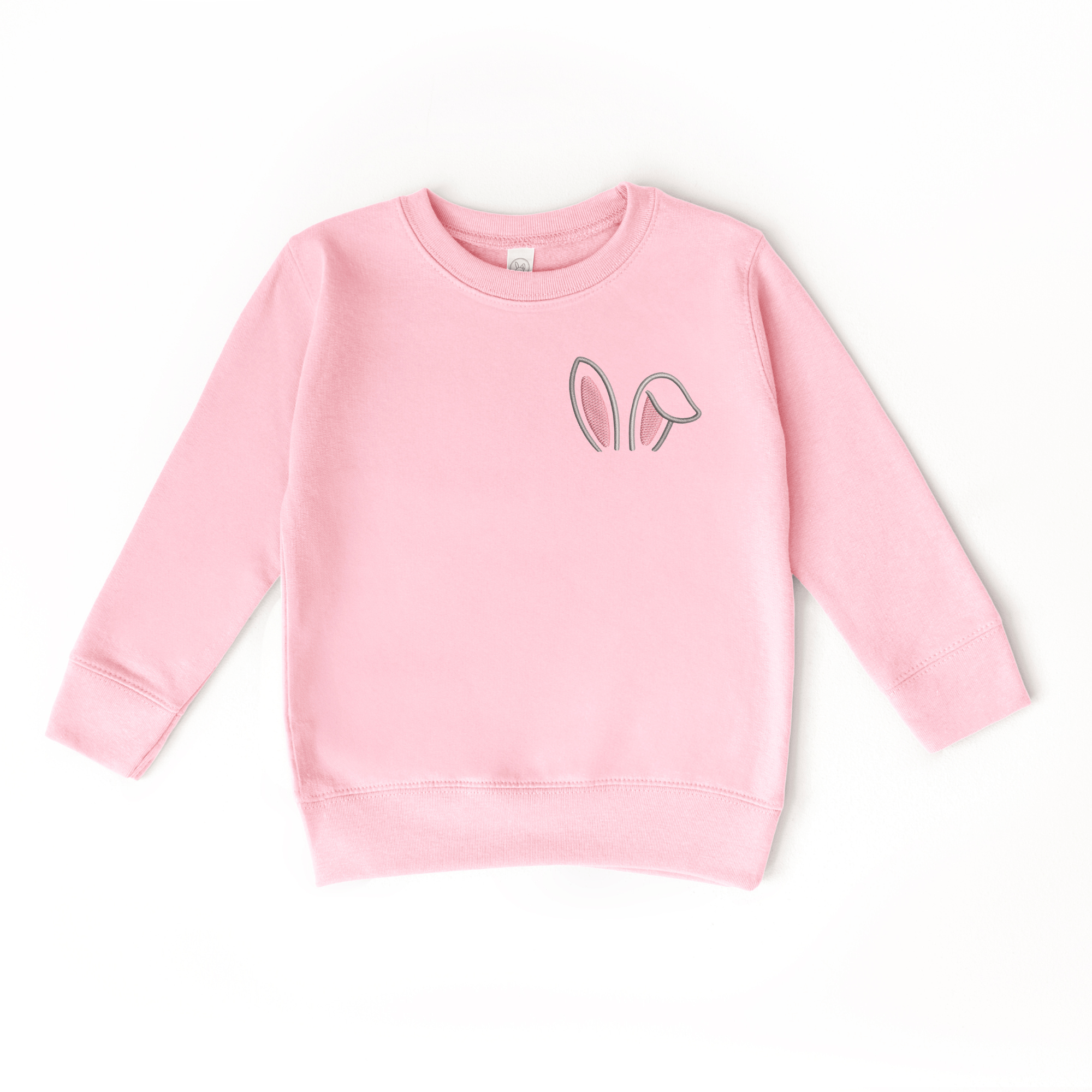 Pink crewneck sweatshirt with embroidered bunny ears for girls.