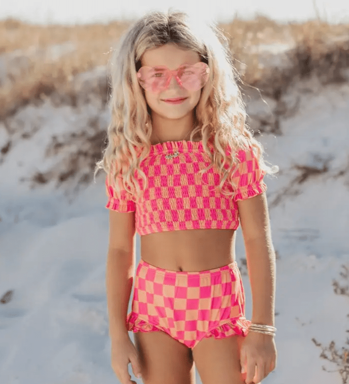 Girls Checker Ruched 2 Piece Swimsuit (Comes in 2 Color Options) - Foxy’s