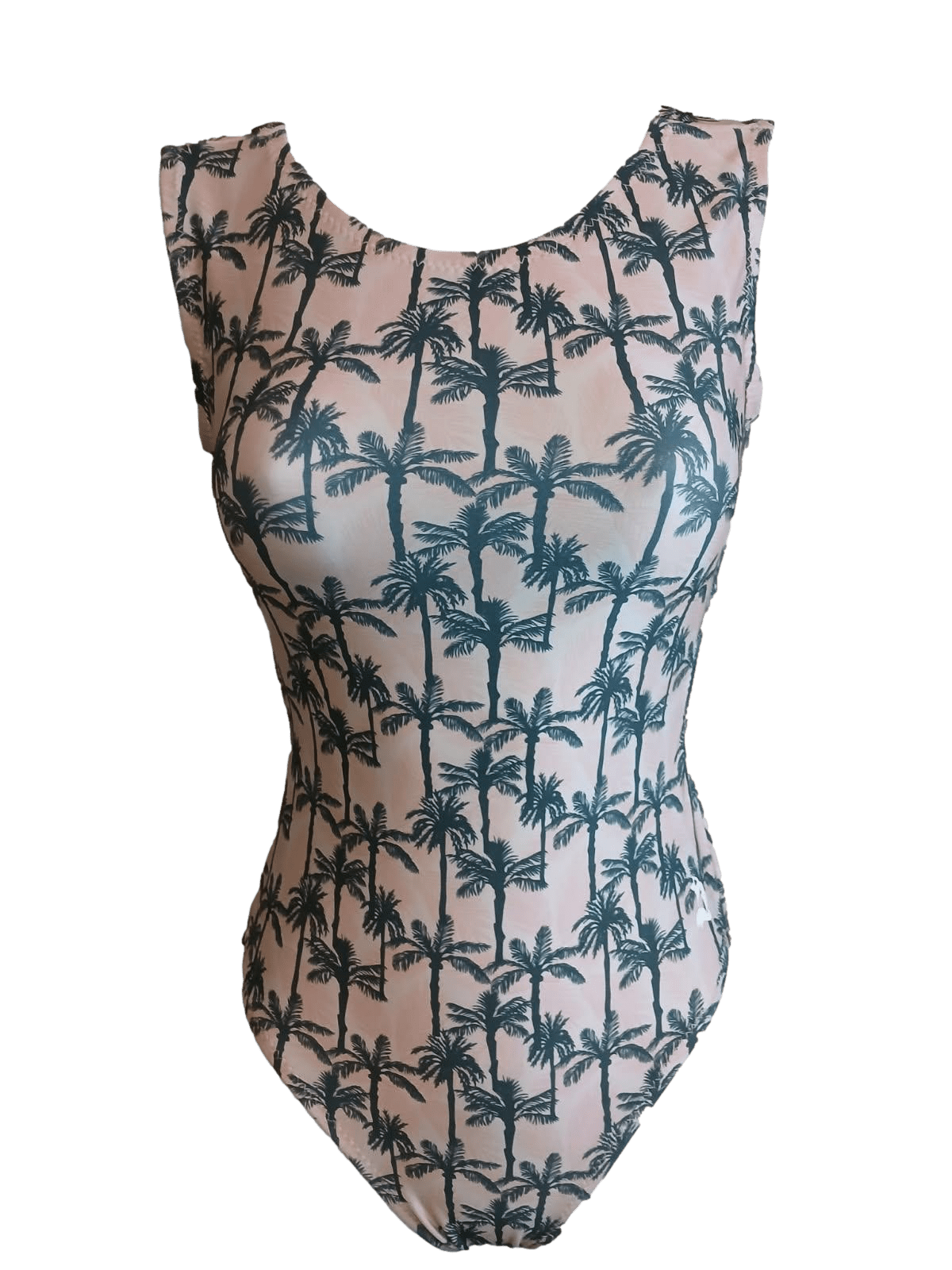 One-piece leotard for gymnastics with pink palm tree pattern on a transparent background