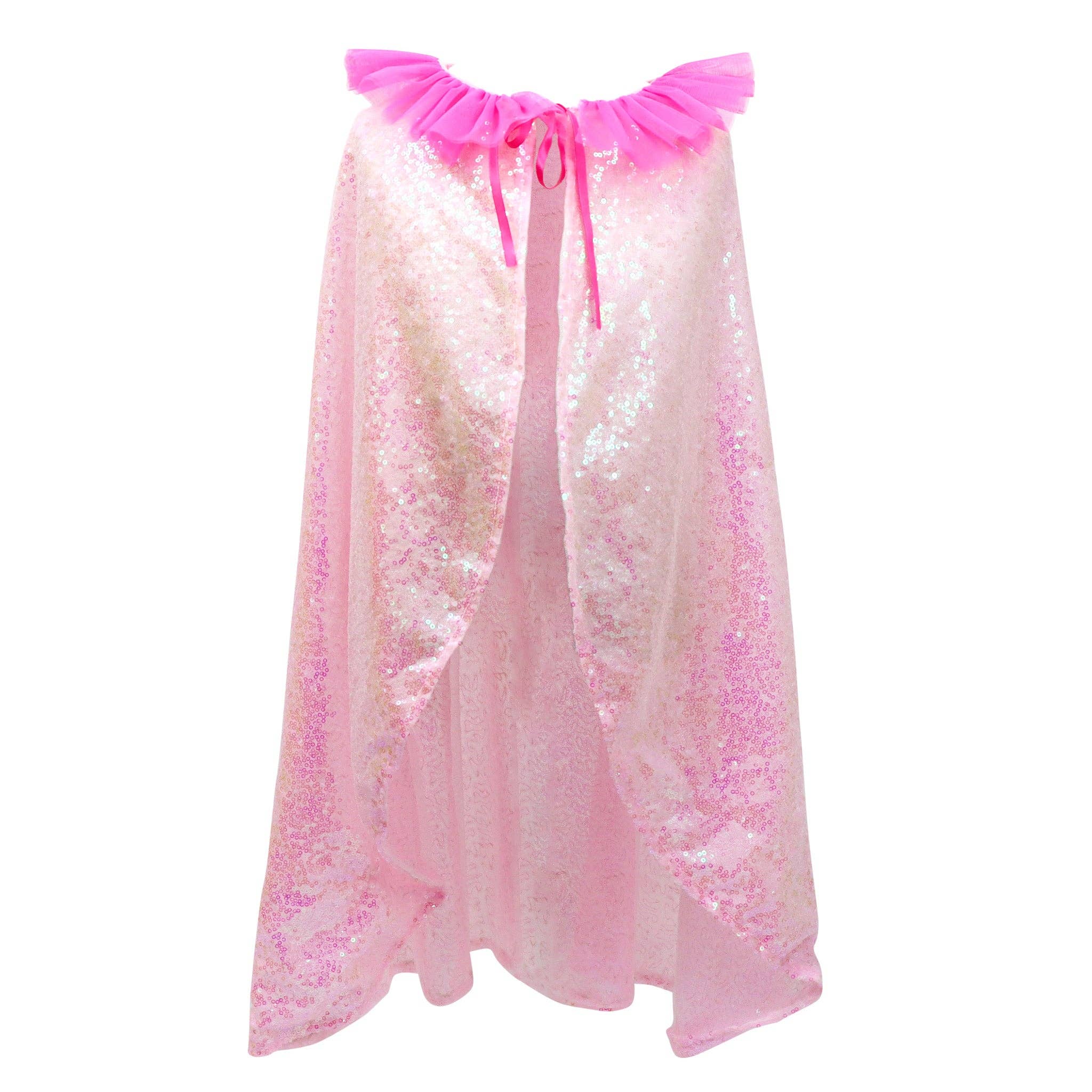 Pink sequin cape with ruffled collar and ribbon tie for girls dress up.