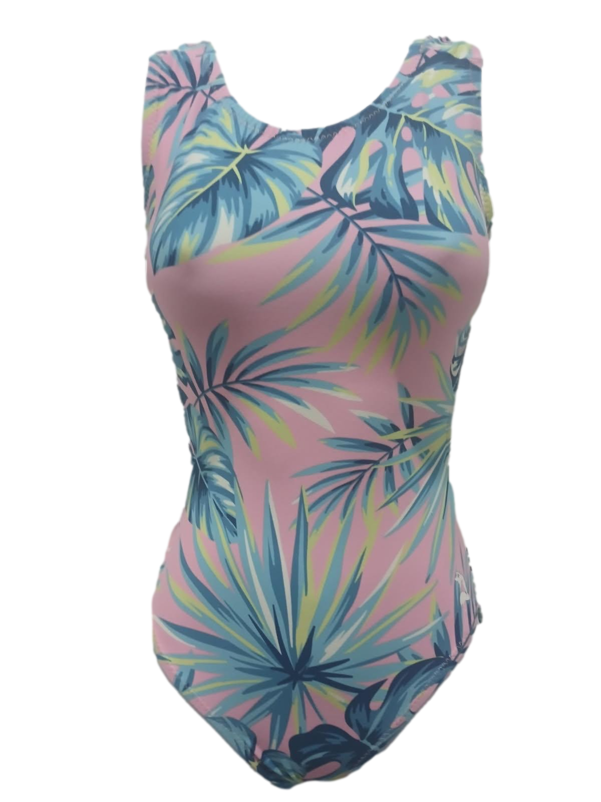 One-piece pink ultra soft leotard with tropical leaf pattern on a white background